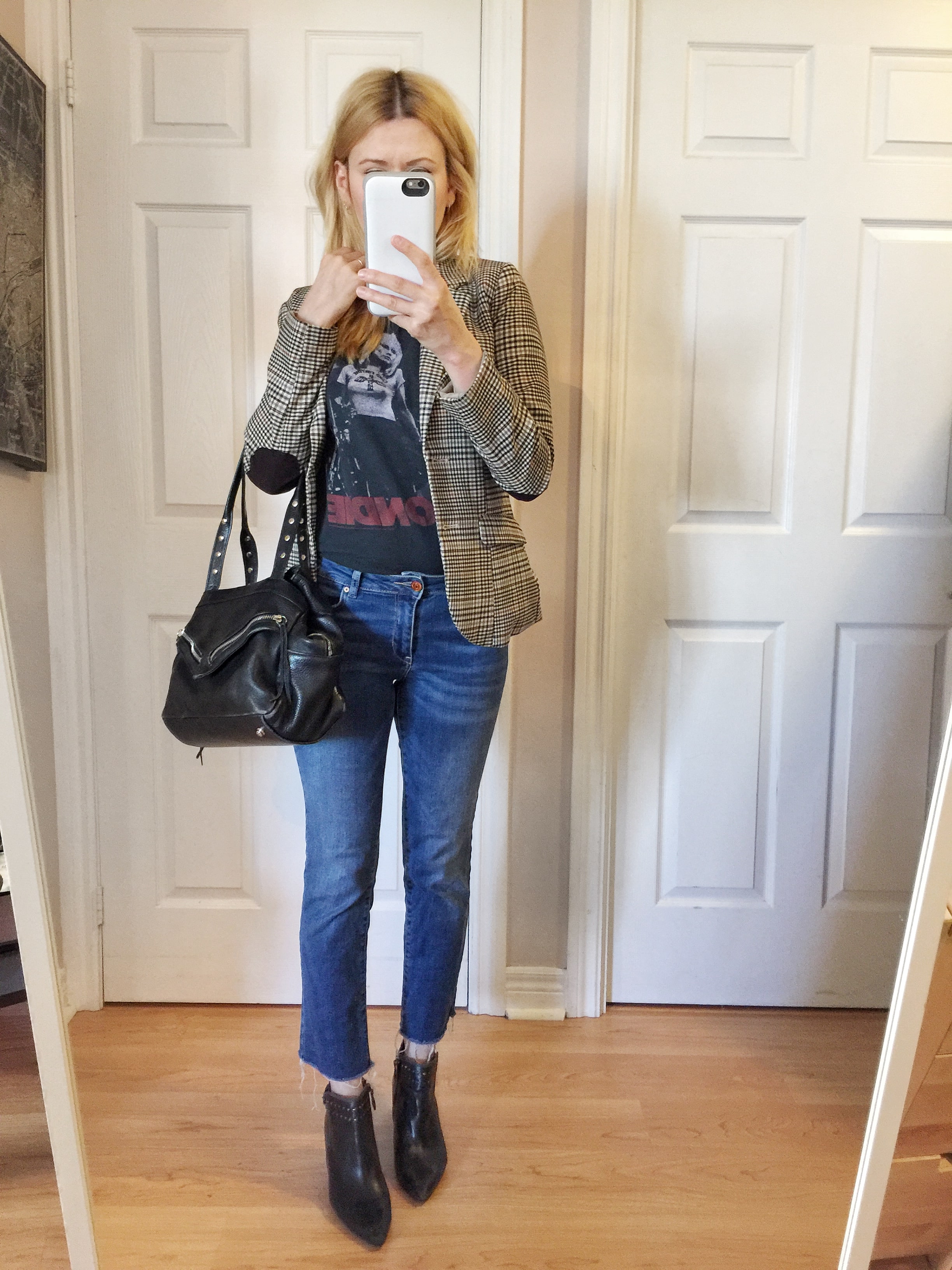 Checkered blazer, band t-shirt, cropped jeans, booties