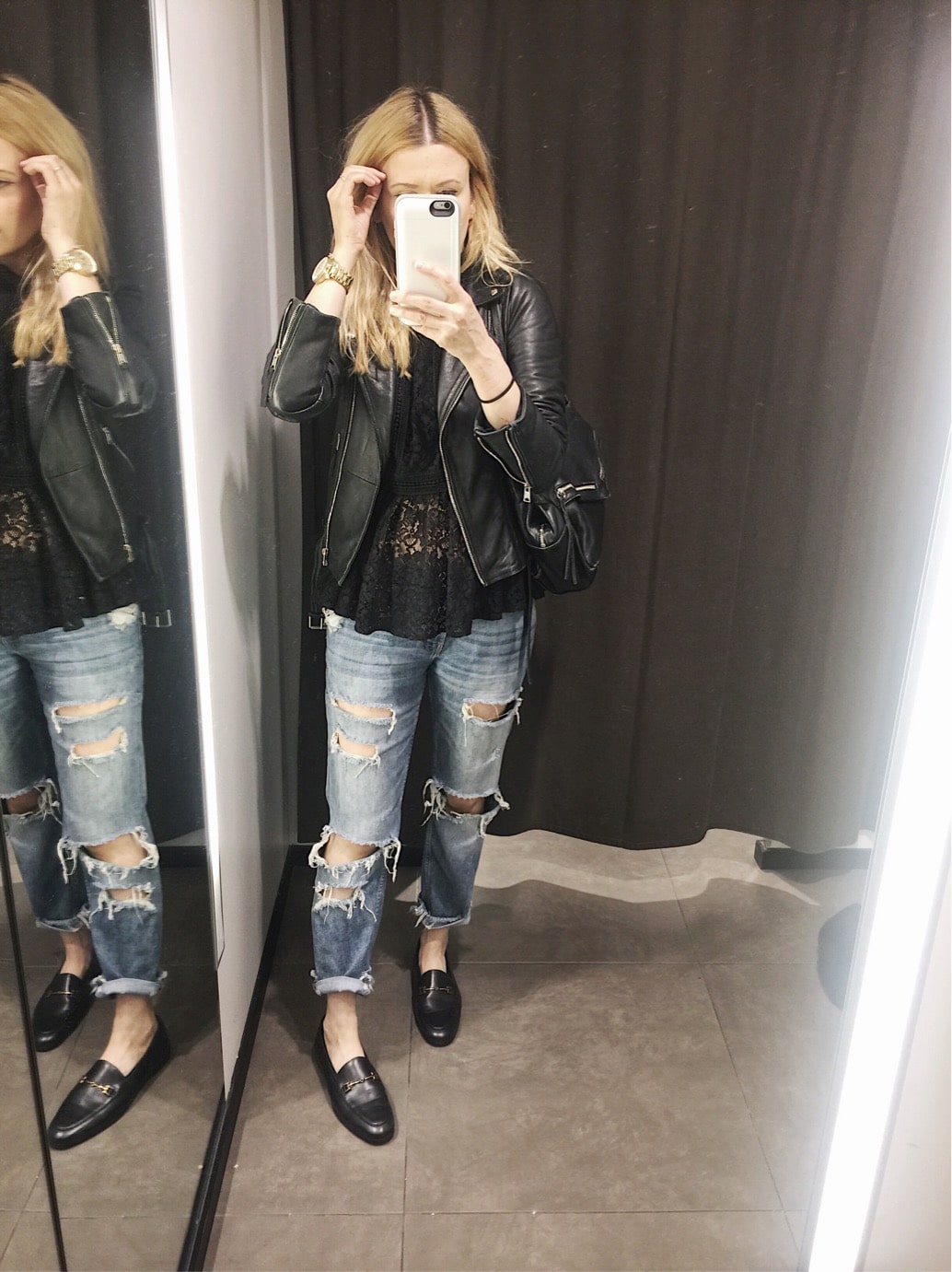 Zara Dressing room selfie. Lace peplum top, boyfriend jeans, leather jacket, Gucci dupes