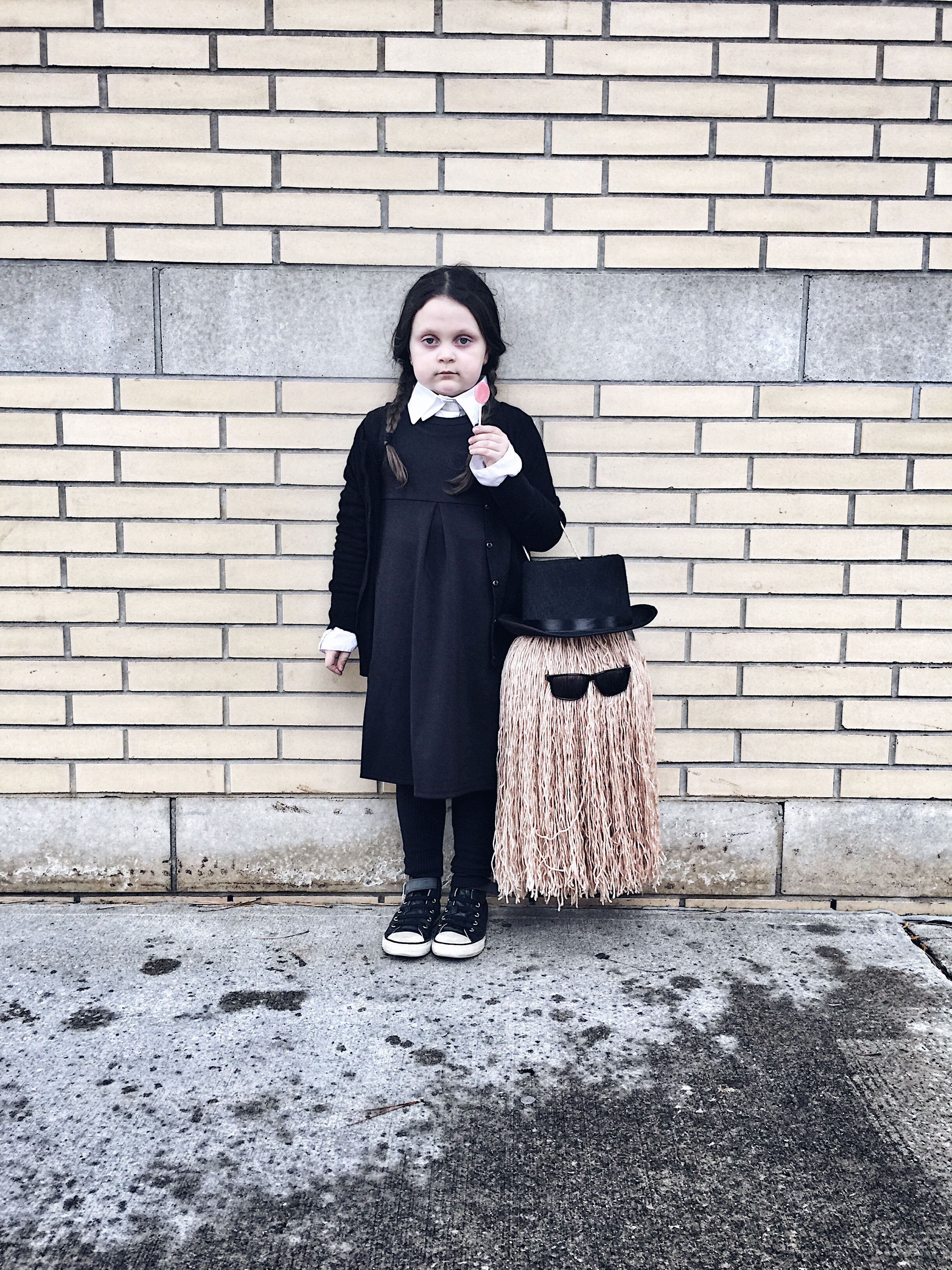 Wednesday Addams and Cousin IT Costume  Wednesday costume, Holloween  costume, Family halloween costumes