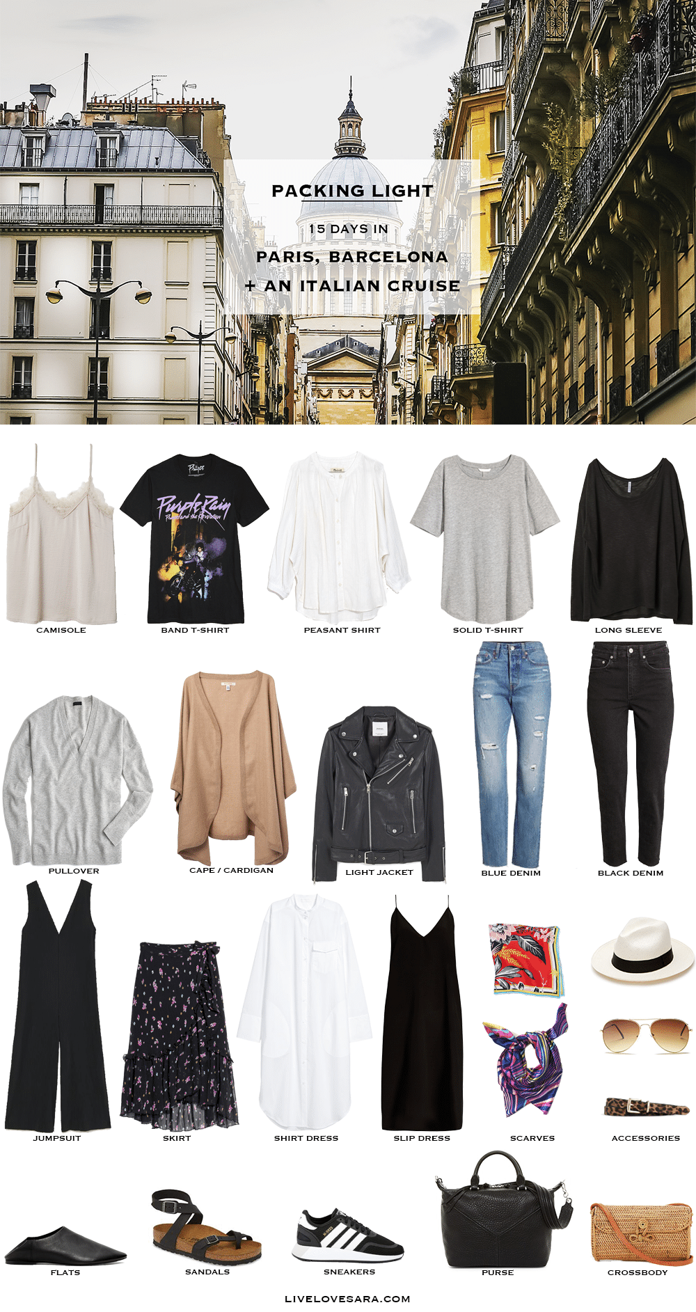 What to pack for Paris packing list | Paris Outfit Ideas | What to Wear in Paris | Barcelona Packing list | Spring Packing List | Barcelona Outfit Ideas | What to Wear in Barcelona | Packing Light | Capsule Wardrobe | travel wardrobe | Fall packing list | travel capsule | livelovesara