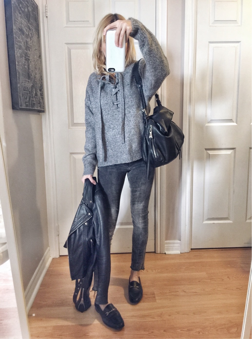 Grey lace front sweater | Grey jeans | Leather jacket | sam Edelman loraine loafers |
