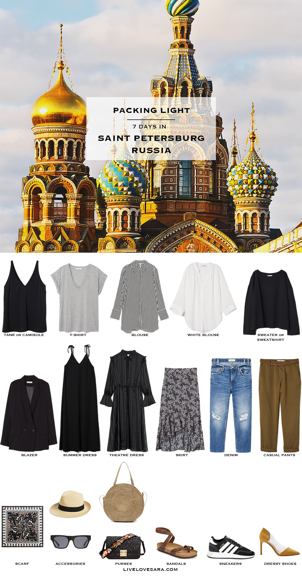 What to pack for 5 days in Saint Petersburg packing list | Saint Petersburg Outfit Ideas | What to Wear in Saint Petersburg | Russia Packing list | Spring Packing List | Russia Outfit Ideas | What to Wear in Russia | Packing Light | Capsule Wardrobe | travel wardrobe | Summer packing list | travel capsule | livelovesara