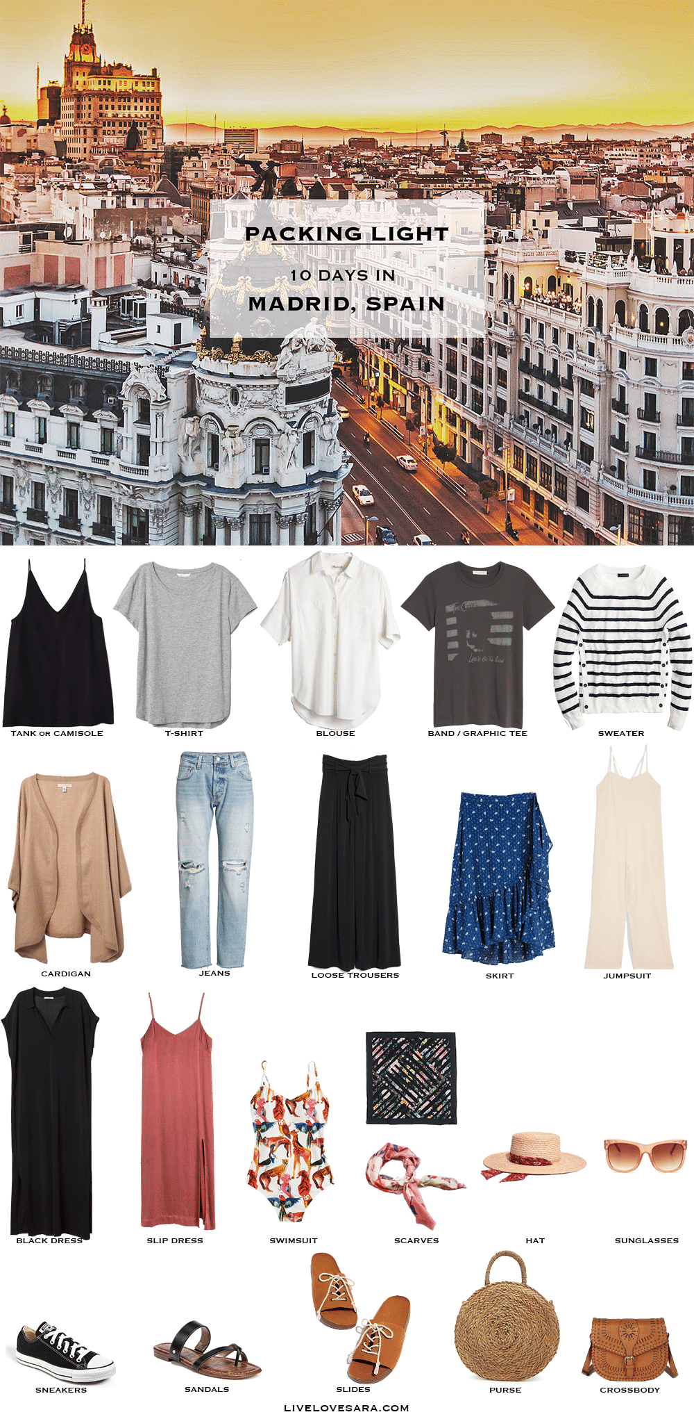 What to pack for 10 days in Madrid packing list | Madrid Outfit Ideas | What to Wear in Madrid | Spain Packing list | | Spain Outfit Ideas | What to Wear in Spain | Packing Light | Capsule Wardrobe | travel wardrobe | Spring packing list | Summer Packing List | Travel capsule | livelovesara