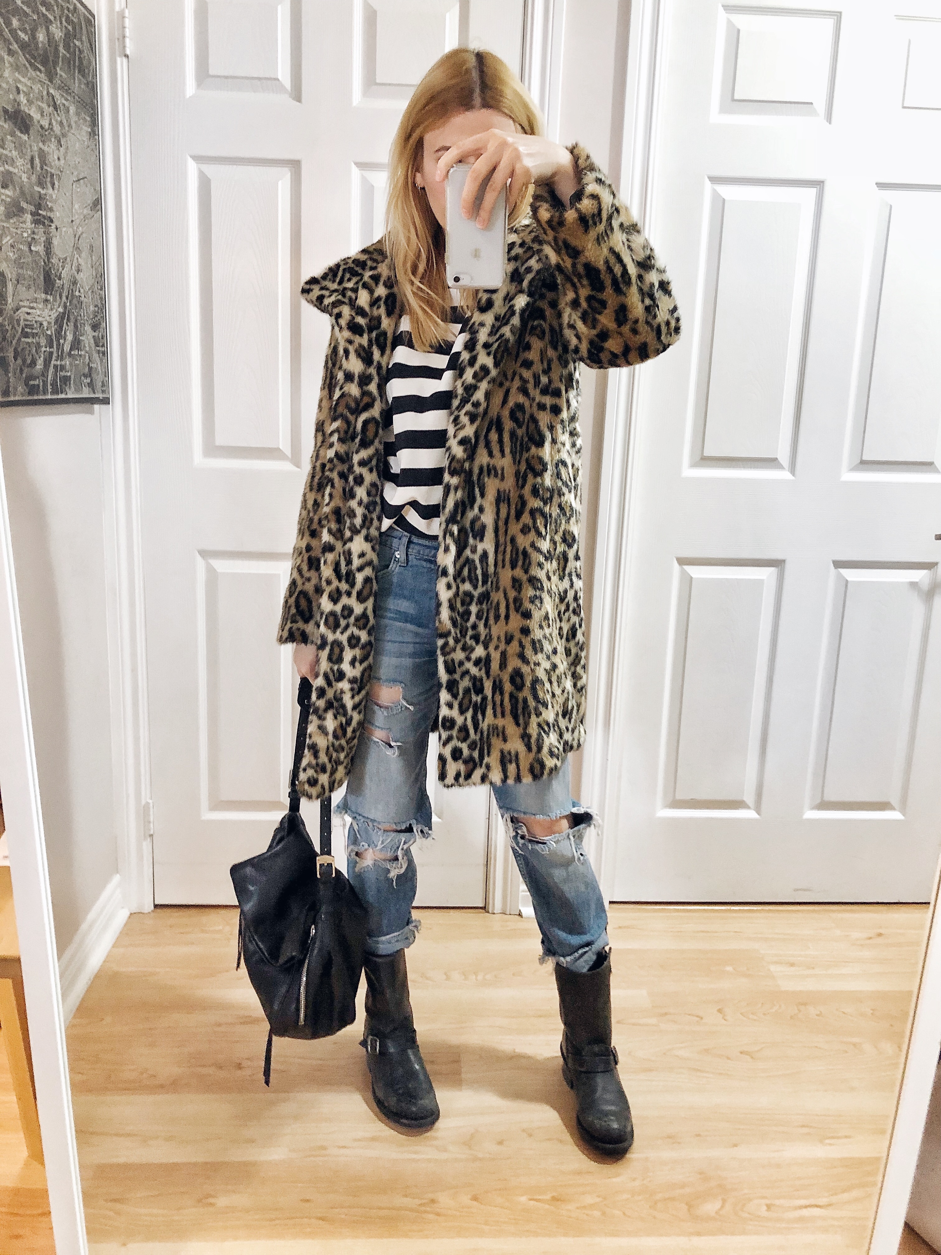 What I Wore. A striped sweatshirt, boyfriend jeans, animal print coat, and Frye Engineer 12R boots. 