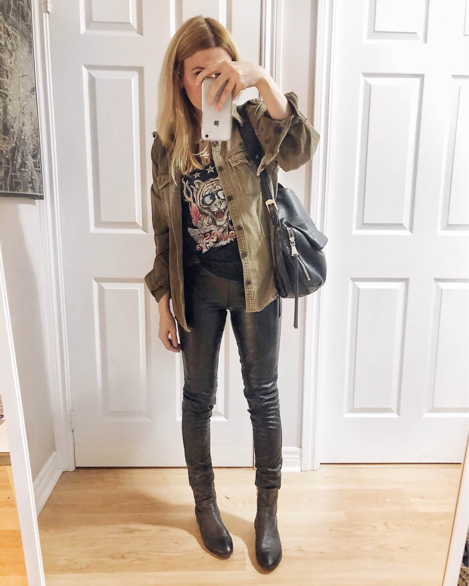 What I Wore. I am wearing an Aerosmith T-shirt from Dirty Cotton Scoundrels, an oversized military style jacket, faux leather pants, and black boots. #livelovesara