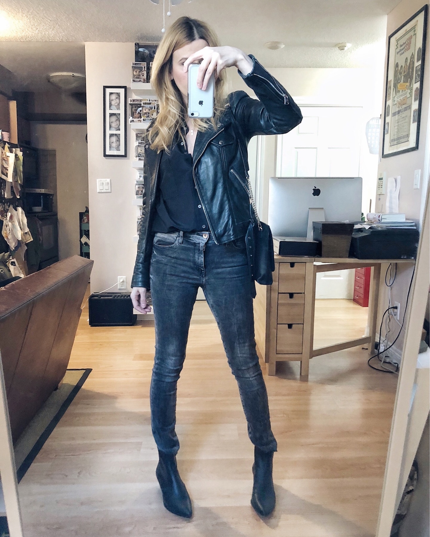 What I Wore. I am wearing grey skinny jeans, a black silk blouse, a moto jacket, and black booties.