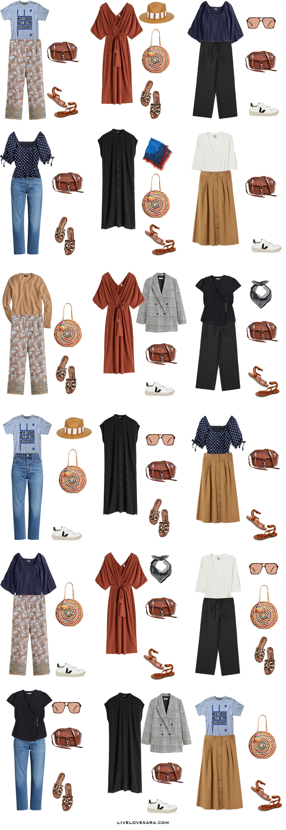 A white background with 18 outfits that are built from the Florence, Italy packing list.