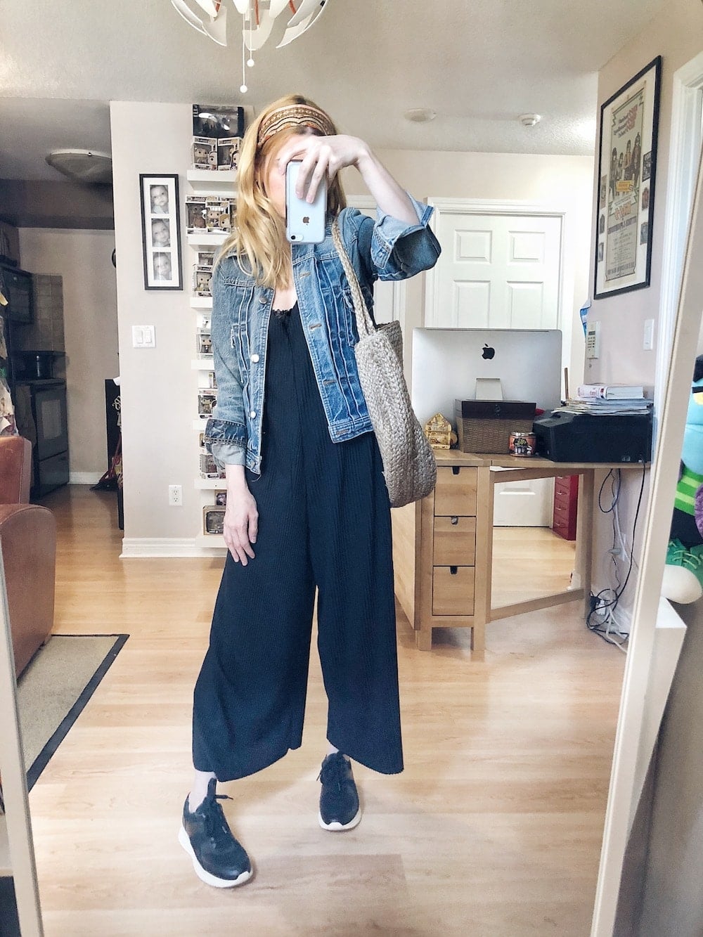 What I wore this week. I am wearing a black jumpsuit, an Levi's jean jacket, Everlane Tread sneakers, and a large woven tote. #springstyle #summerstyle #livelovesara What I wore this week. I am wearing a black jumpsuit, an Levi's jean jacket, Everlane Tread sneakers, and a large woven tote. #springstyle #summerstyle #livelovesara