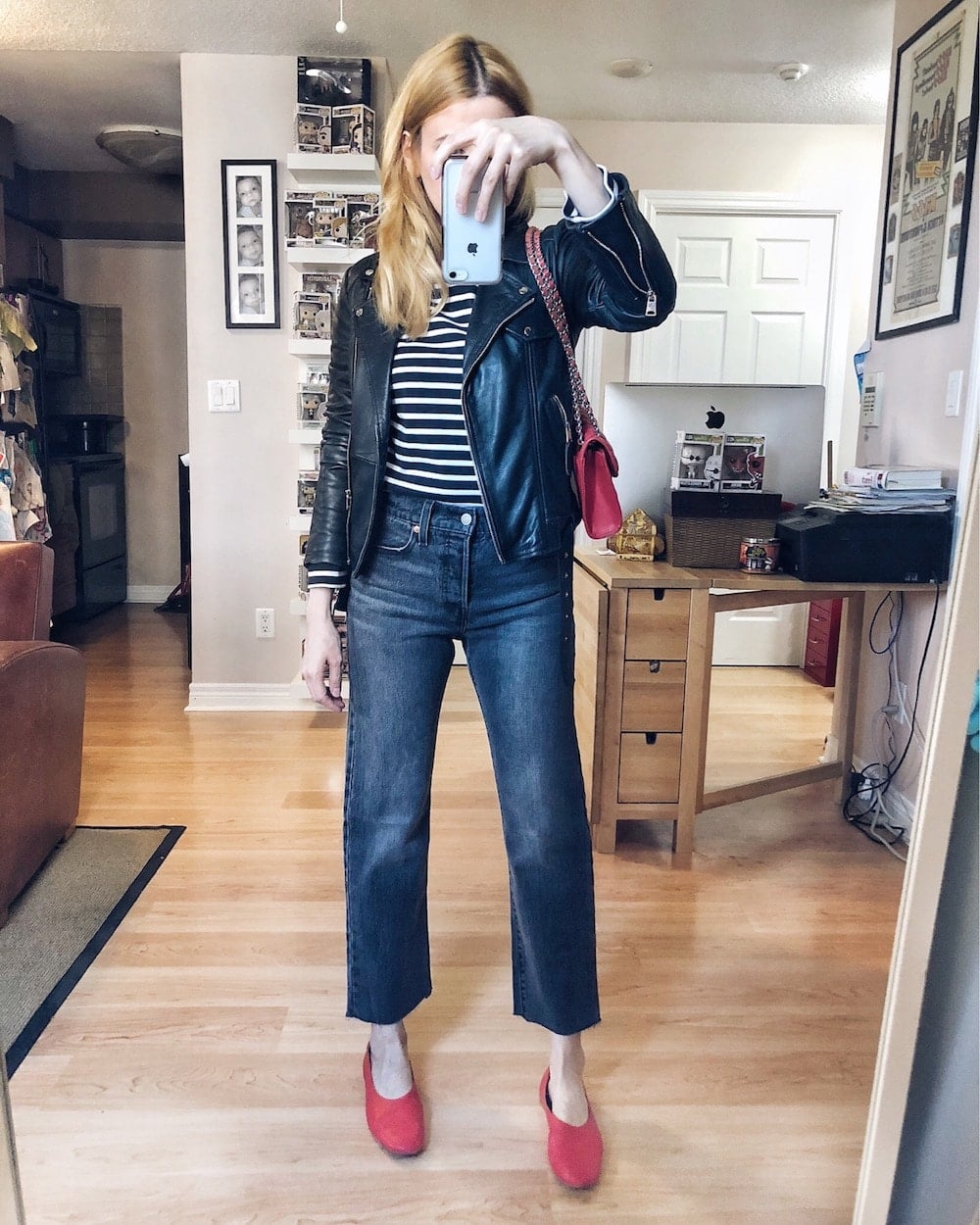 What I Wore This week. I am wearing an Everlane striped shirt, Black Levi's 501s, a moto jacket, a Rebecca Minkoff bag, and red Everlane Day Gloves. #springstyle #summerstyle #livelovesara What I Wore This week. I am wearing an Everlane striped shirt, Black Levi's 501s, a moto jacket, a Rebecca Minkoff bag, and red Everlane Day Gloves.