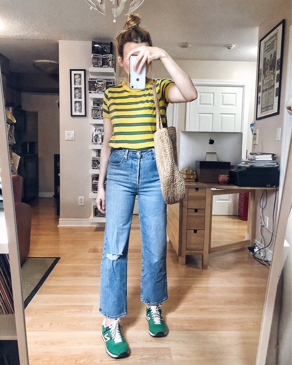 What I wore this week. I am wearing yellow striped t-shirt, Levi's Ribcage jeans. green vintage New Balance sneakers, and a woven bag. #summerstyle #livelovesara What I wore this week. I am wearing yellow striped t-shirt, Levi's Ribcage jeans. green vintage New Balance sneakers, and a woven bag.