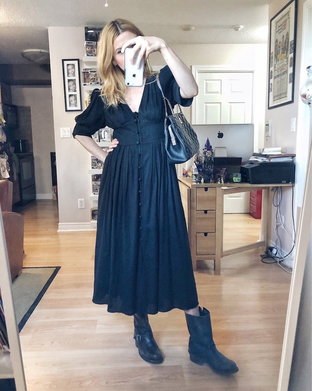 What I Wore this week | Black Free People Dress | Frye Engineer Boots | Chanel bag | livelovesara