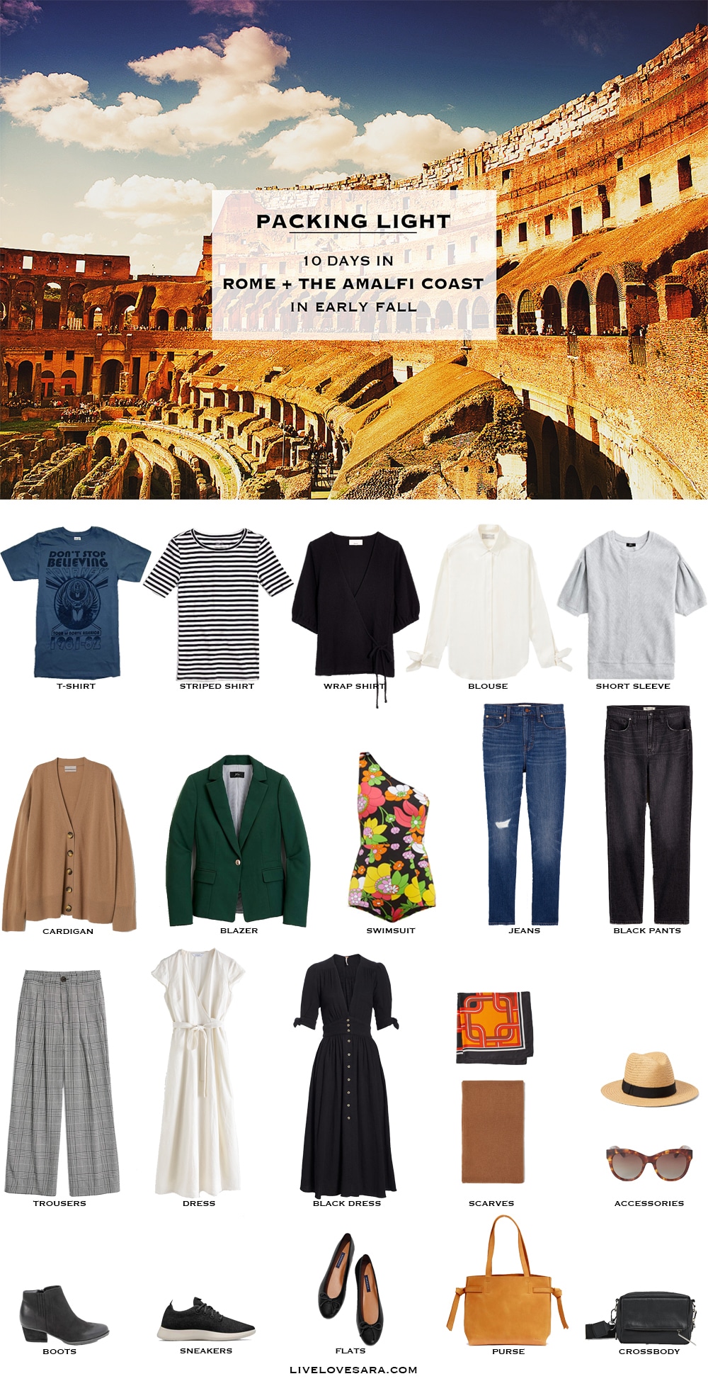 What to pack for Rome packing list | Amalfi Coast Packing list | Italy Packing List | Europe Packing List | Packing Light | Capsule Wardrobe | travel wardrobe | Fall packing list | travel capsule | livelovesara