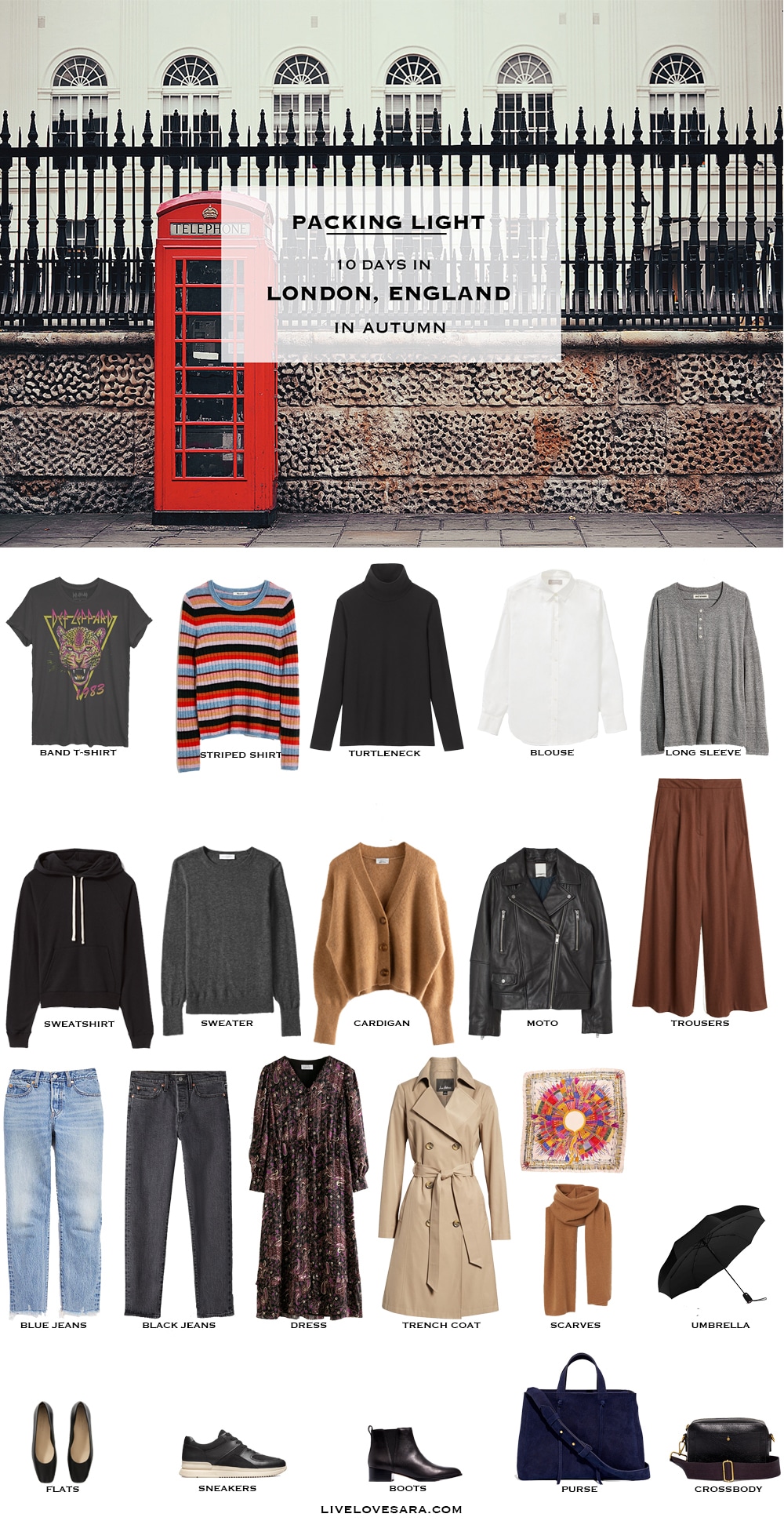 What to pack for London packing list | London Outfit Ideas | What to Wear in London | UK Packing list | What to wear in Uk | UK Outfit Ideas Europe Packing List | Packing Light | Capsule Wardrobe | travel wardrobe | Fall packing list | travel capsule | livelovesara