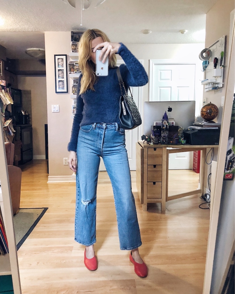 What I Wore this week | Blue Fuzzy Sweater | Levi's 501 Ribcage | Everlane Flats | Chanel bag | livelovesara What I Wore this week | Blue Fuzzy Sweater | Levi's 501 Ribcage | Everlane Flats | Chanel bag | livelovesara