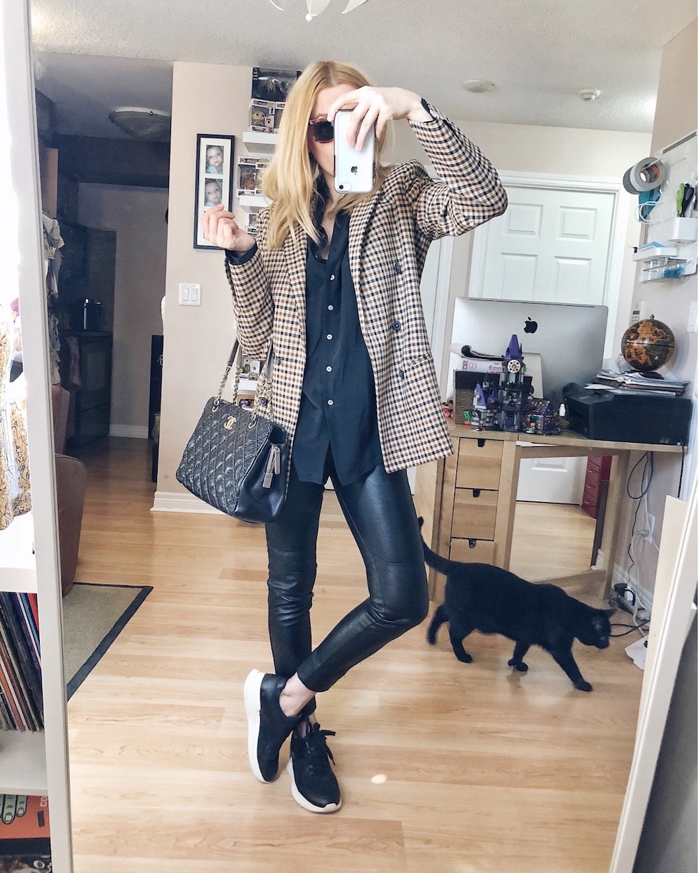 What I Wore this week | Black Silk Blouse | Faux Leather Pants | Checkered Blazer | Tread by Everlane Sneakers | Vintage Raybans | Chanel bag | livelovesara