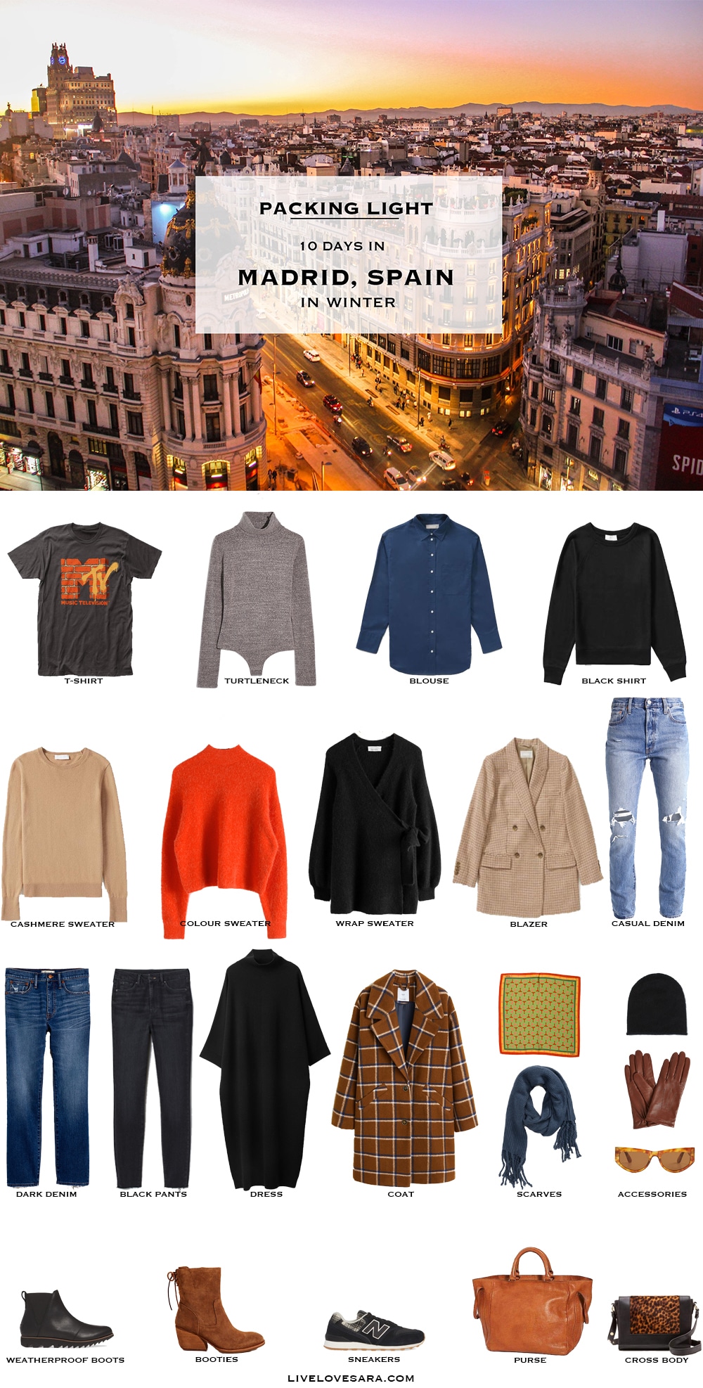 What to pack for Madrid packing list | Madrid Outfit Ideas | What to Wear in Madrid | Spain Packing list | Winter Packing List | What to Wear in Spain | Spain Outfits Ideas | Packing Light | Capsule Wardrobe | travel wardrobe | Fall packing list | travel capsule | livelovesara