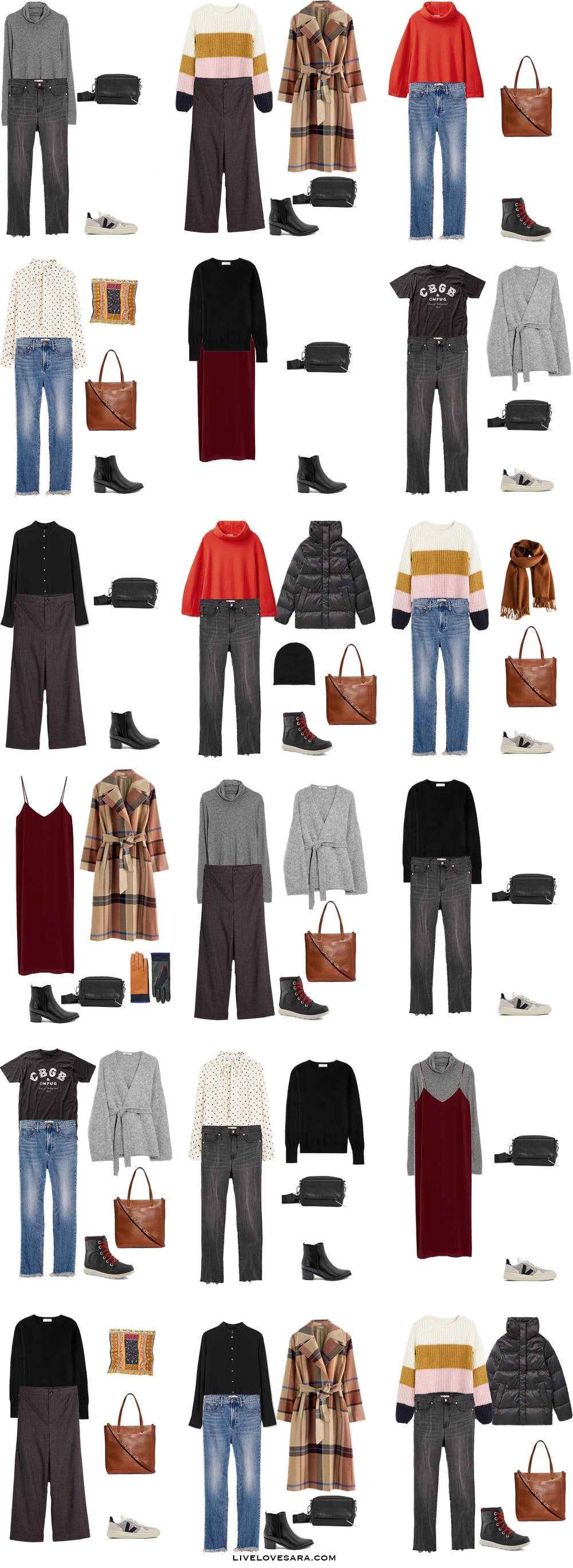 A white background with 18 outfits in rows that use the pieces from the What to Pack for Christmas in New York City packing list. 