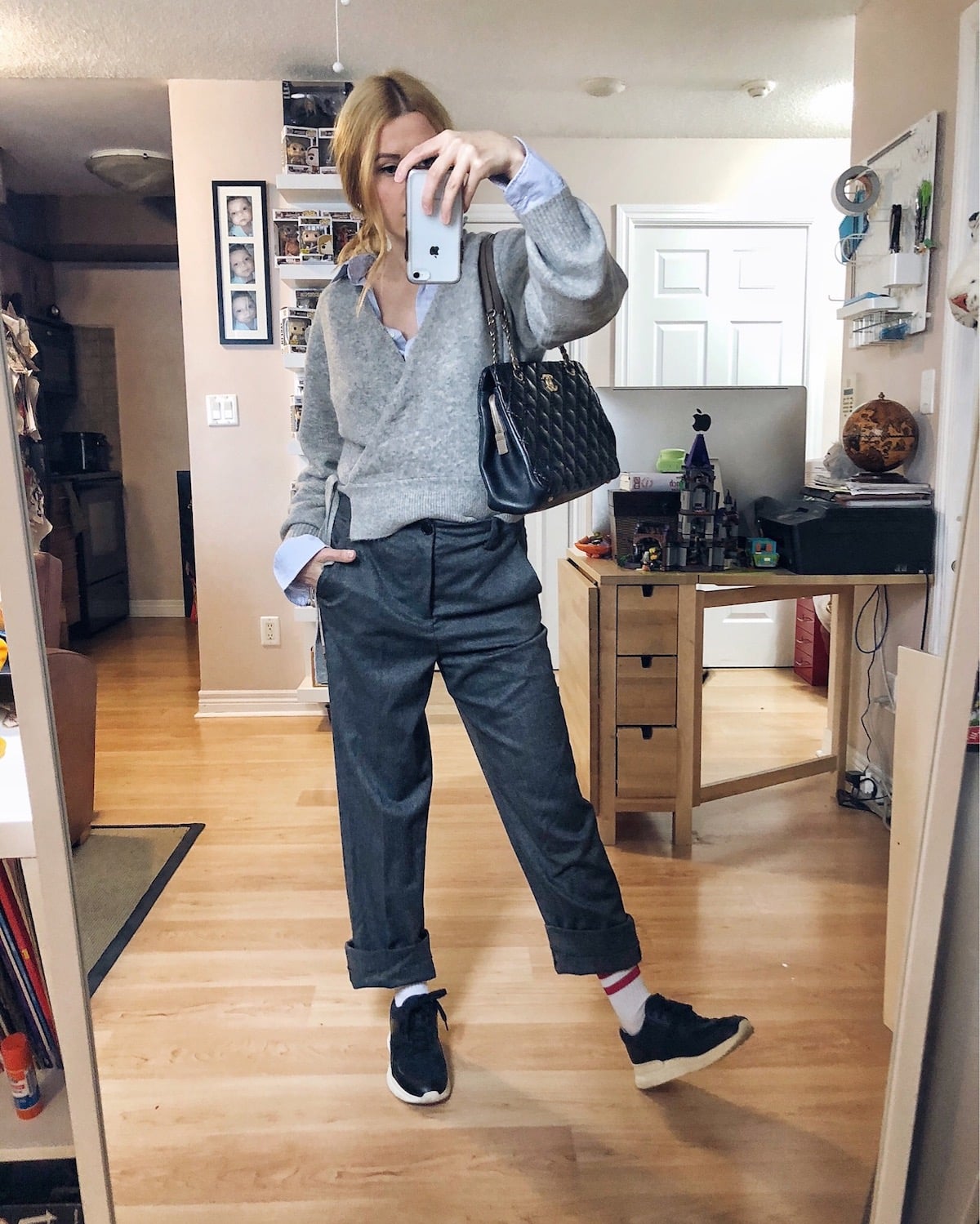 What I Wore this week | Grey Wrap Cardigan | Blue Striped Blouse | Grey Trousers | Everlane Tread Sneakers | Chanel bag | livelovesara What I Wore this week | Grey Wrap Cardigan | Blue Striped Blouse | Grey Trousers | Everlane Tread Sneakers | Chanel bag | livelovesara