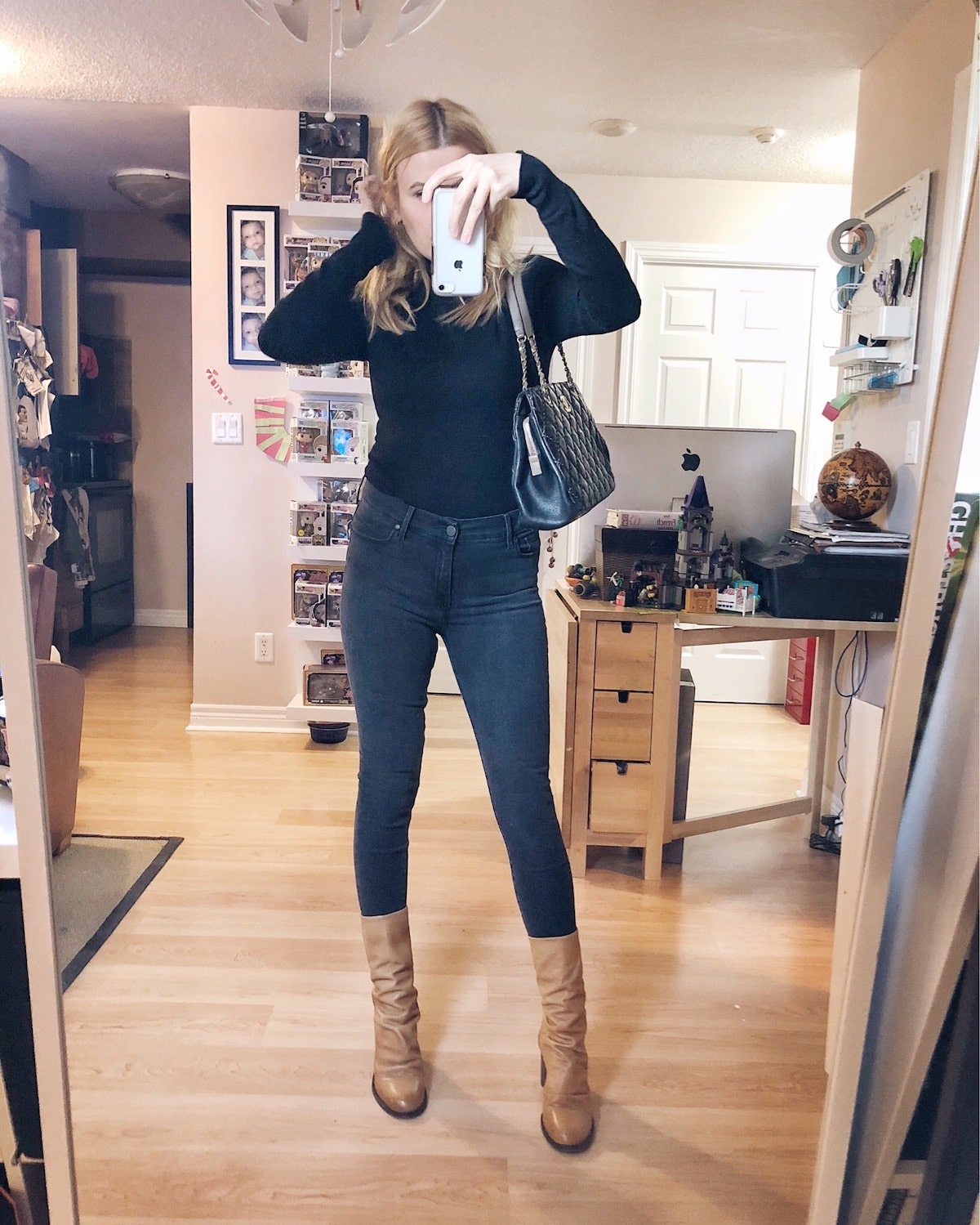 What I Wore this week | Black Turtleneck | Mott and Bow Skinny Jeans | Free People Boots | Chanel bag | livelovesara