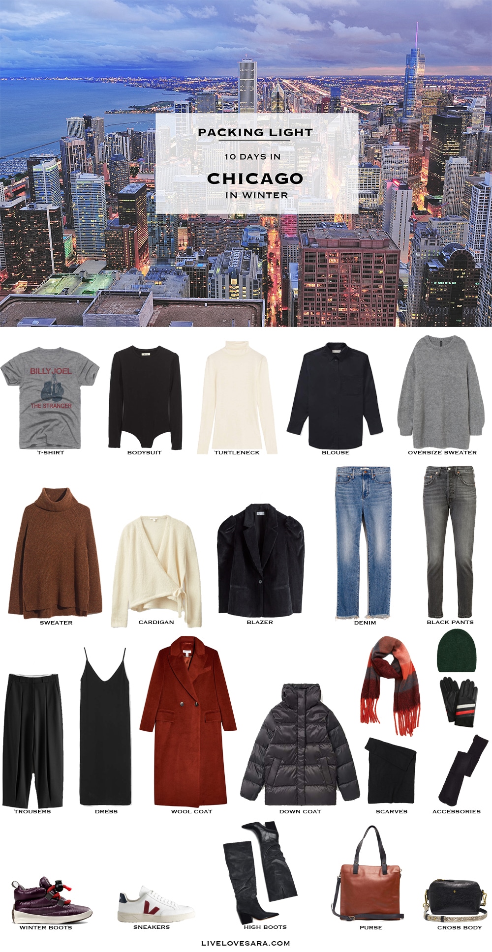 What to pack for Chicago packing list | Chicago Outfit Ideas | What to Wear in Chicago | US Packing list | Winter Packing List | What to Wear in the US | Packing Light | Capsule Wardrobe | travel wardrobe | Fall packing list | travel capsule | livelovesara