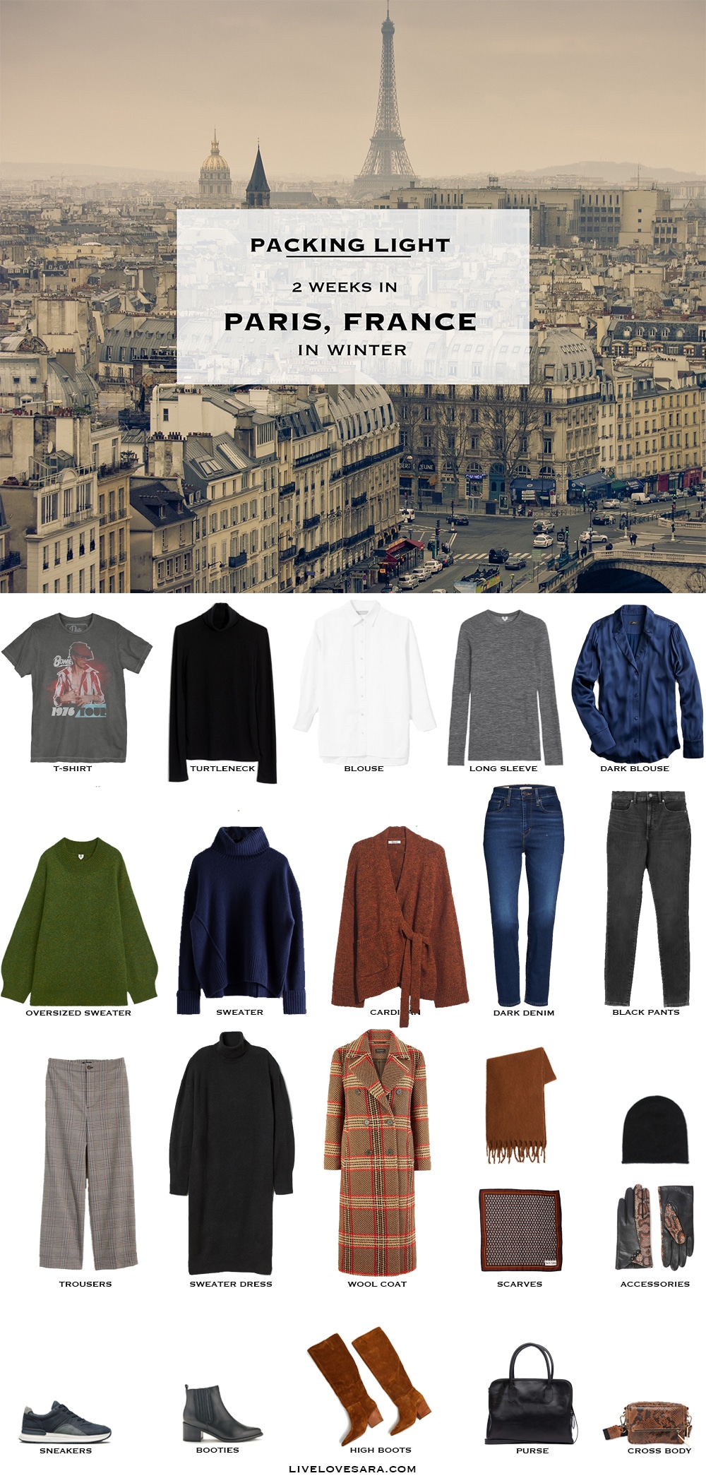 What to pack for Paris packing list | Paris Outfit Ideas | What to Wear in Paris | France Packing list | Winter Packing List | What to Wear in France | France Outfits Ideas | Packing Light | Capsule Wardrobe | travel wardrobe | Fall packing list | travel capsule | livelovesara