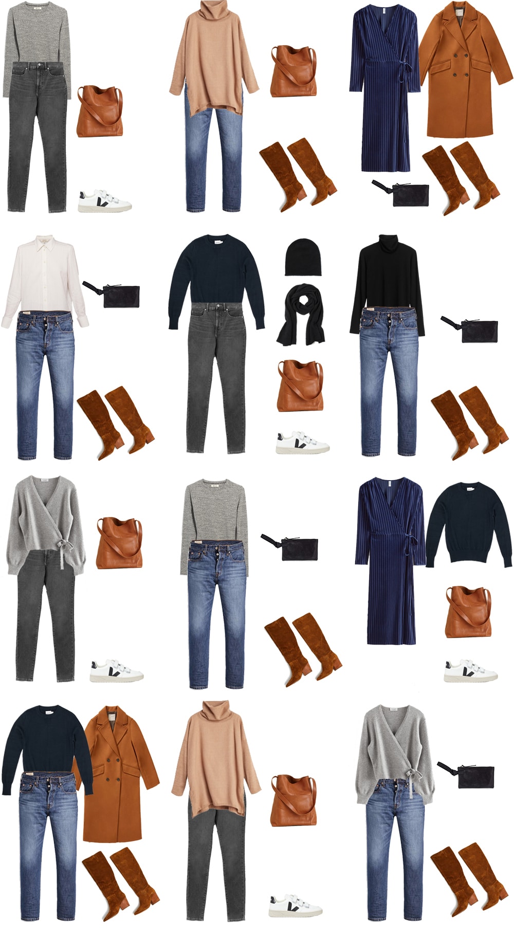 This is a white background with four rows of outfits with three outfits in each row of outfits that you can make from the What to Pack for The Holidays packing list.