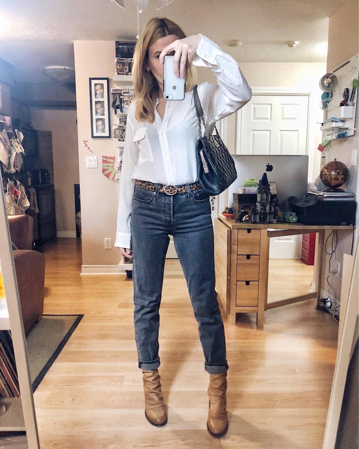 What I Wore this week | Mott and Bow Silk Blouse | Levis 501 Wedgie | Free People Boots | Animal Print Belt | Chanel bag | livelovesara