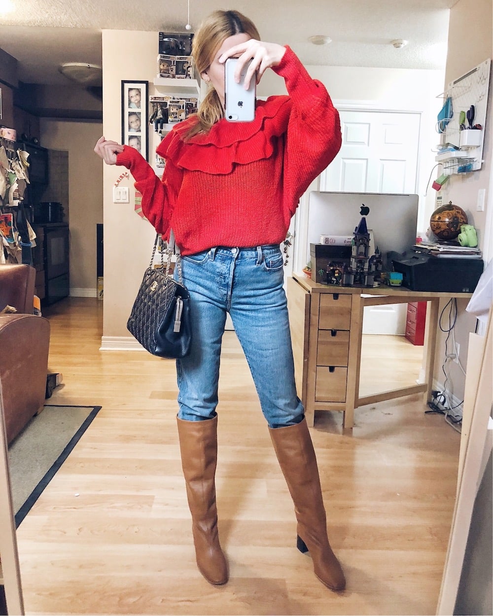 What I Wore this week | Zara Red Ruffle Sweater | Levis | Everlane Knee high Boots | Chanel bag | livelovesara What I Wore this week | Zara Red Ruffle Sweater | Levis | Everlane Knee high Boots | Chanel bag | livelovesara