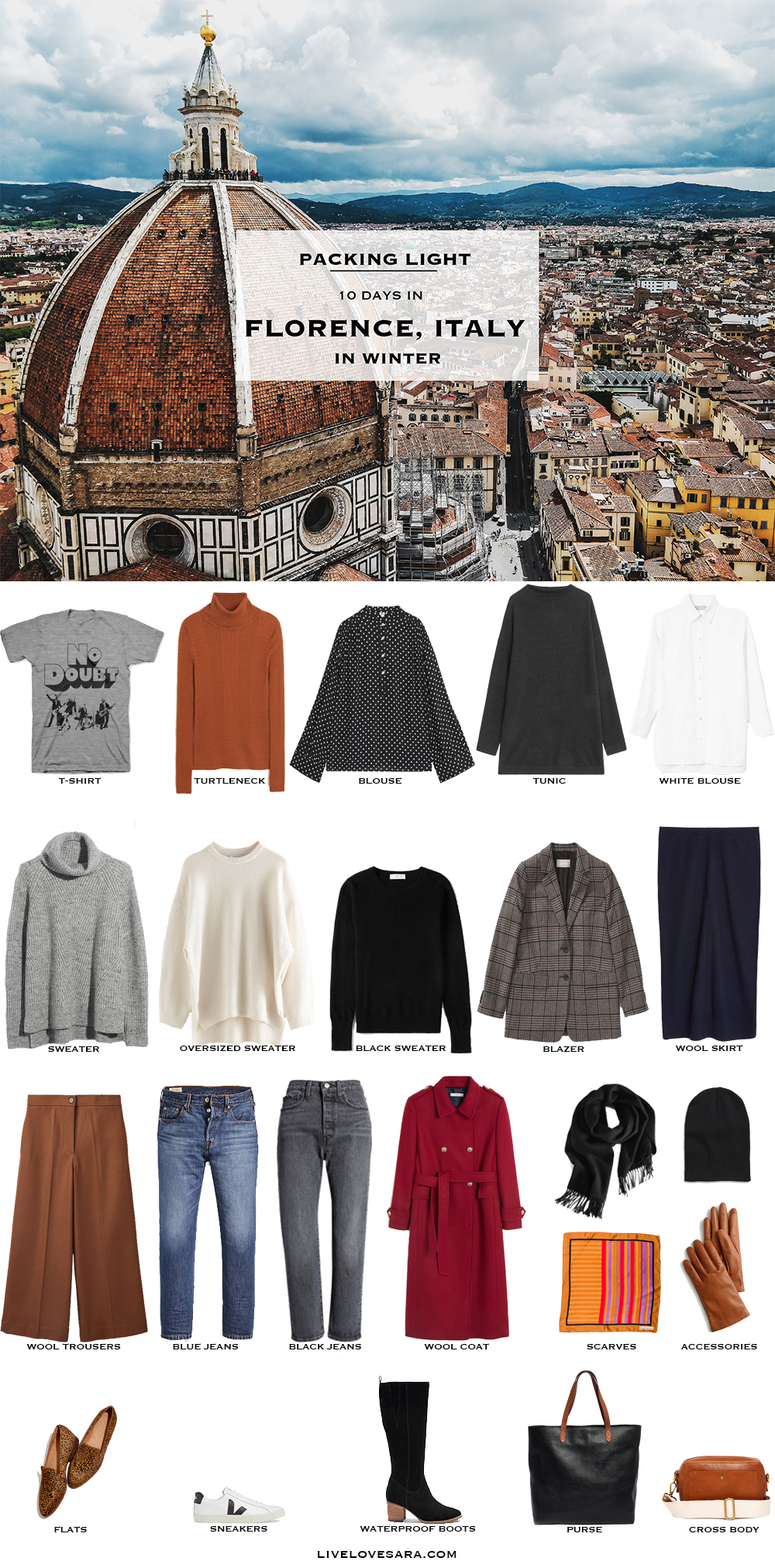 What to pack for Florence packing list | Florence Outfit Ideas | What to Wear in Florence | Italy Packing list | Winter Packing List | Italy Outfit Ideas | What to Wear in the Italy | Packing Light | Capsule Wardrobe | travel wardrobe | Fall packing list | travel capsule | livelovesara