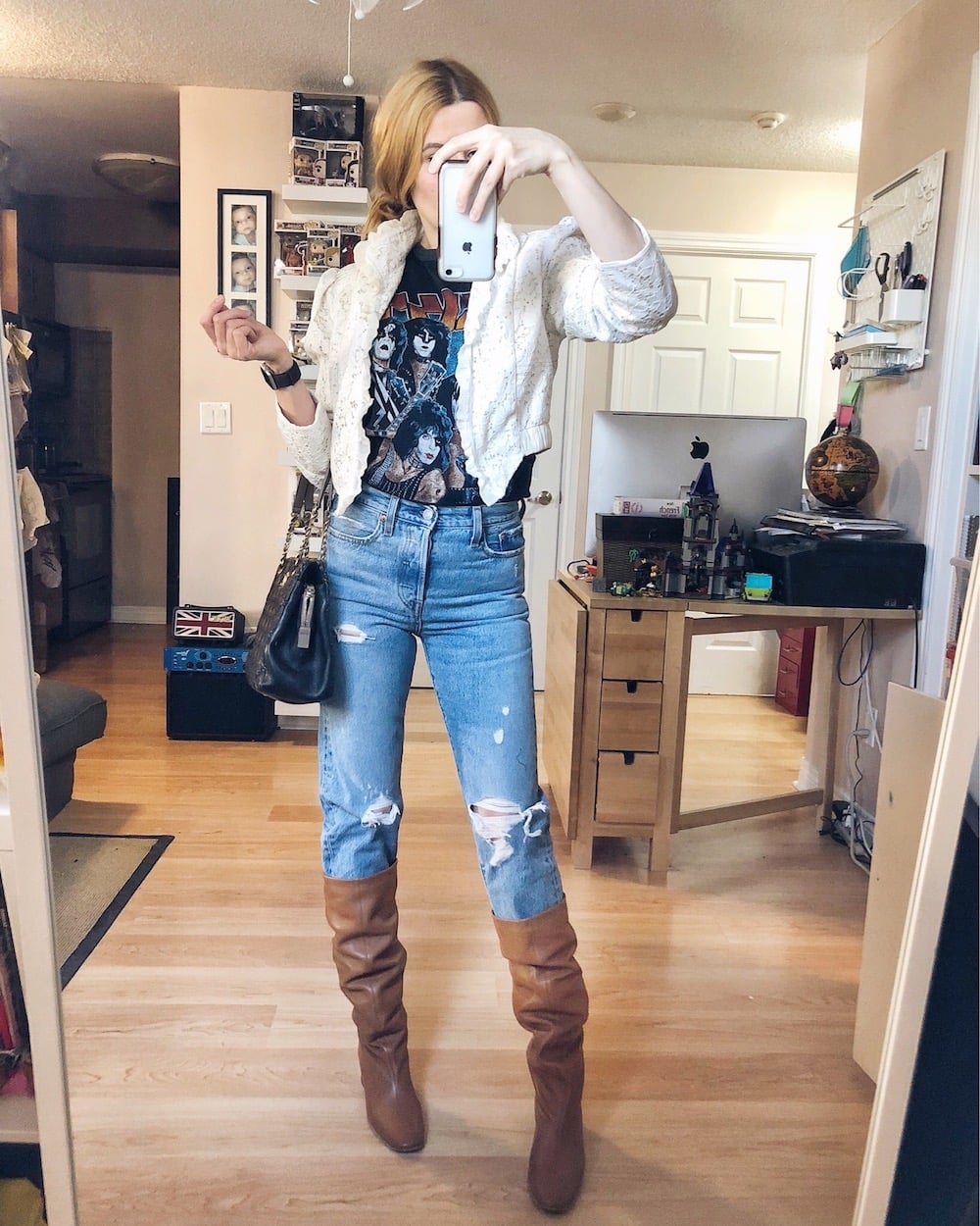 What I Wore this week | Vintage Cropped Jacket | Vintage Band Tee | Levis 501s | Everlane Knee High Boots | Chanel bag | livelovesara What I Wore this week | Vintage Cropped Jacket | Vintage Band Tee | Levis 501s | Everlane Knee High Boots | Chanel bag | livelovesara