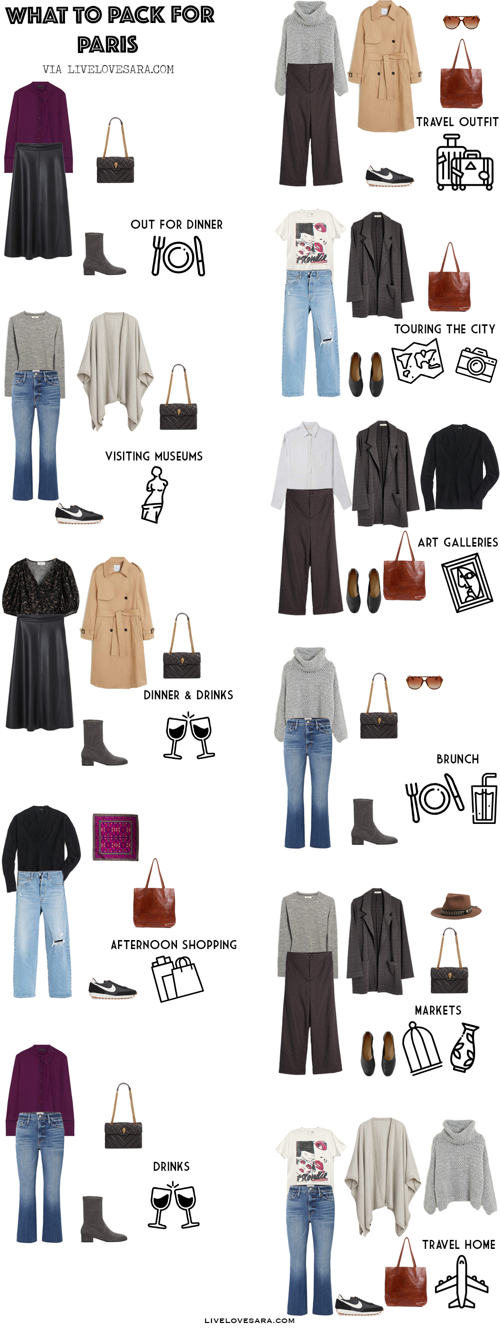 What to pack for Paris packing list | Paris Outfit Ideas | What to Wear in Paris | France Packing list | Spring Packing List | France Outfit Ideas | What to Wear in the France | Packing Light | Capsule Wardrobe | travel wardrobe | Fall packing list | travel capsule | livelovesara