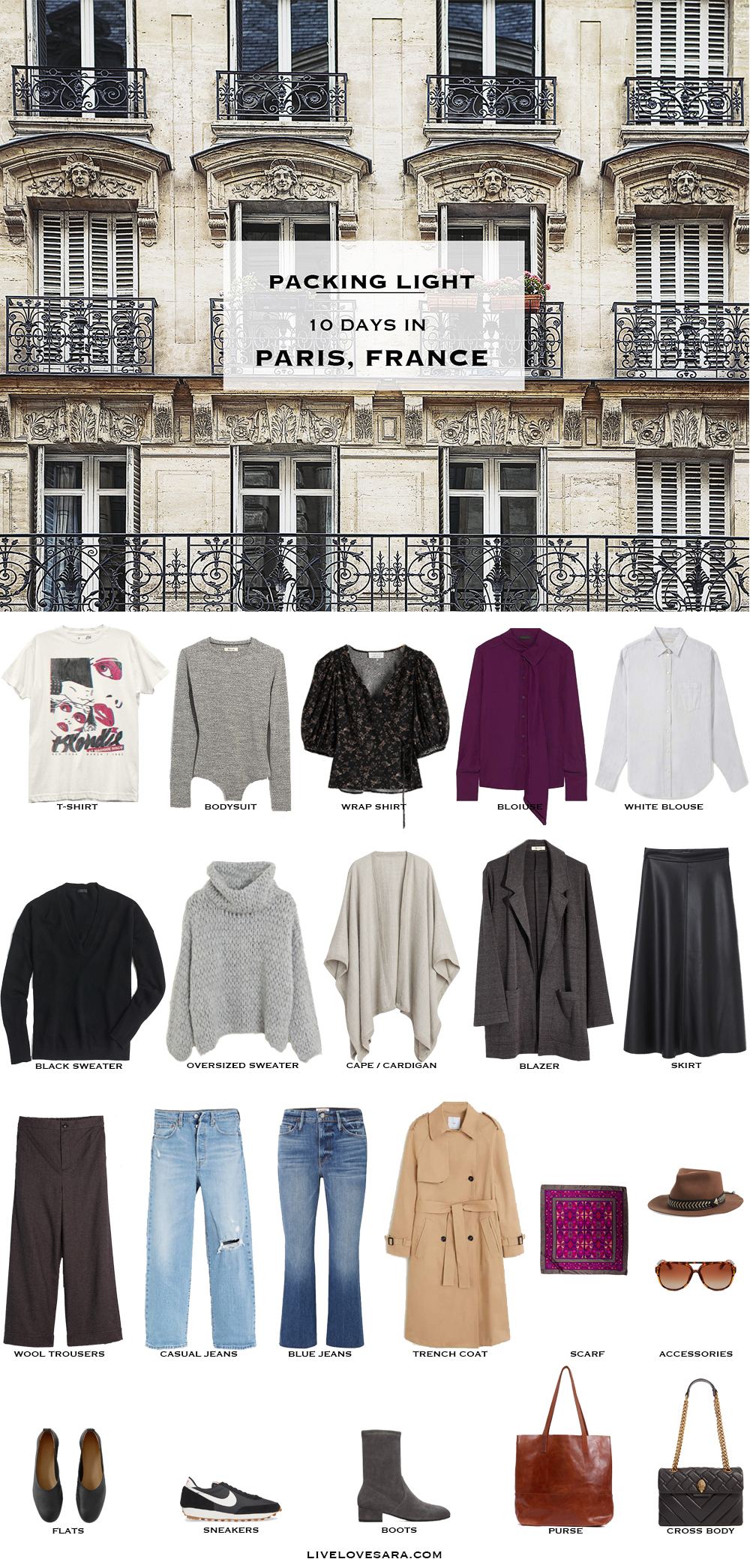 What to pack for Paris packing list | Paris Outfit Ideas | What to Wear in Paris | France Packing list | Spring Packing List | France Outfit Ideas | What to Wear in the France | Packing Light | Capsule Wardrobe | travel wardrobe | Fall packing list | travel capsule | livelovesara