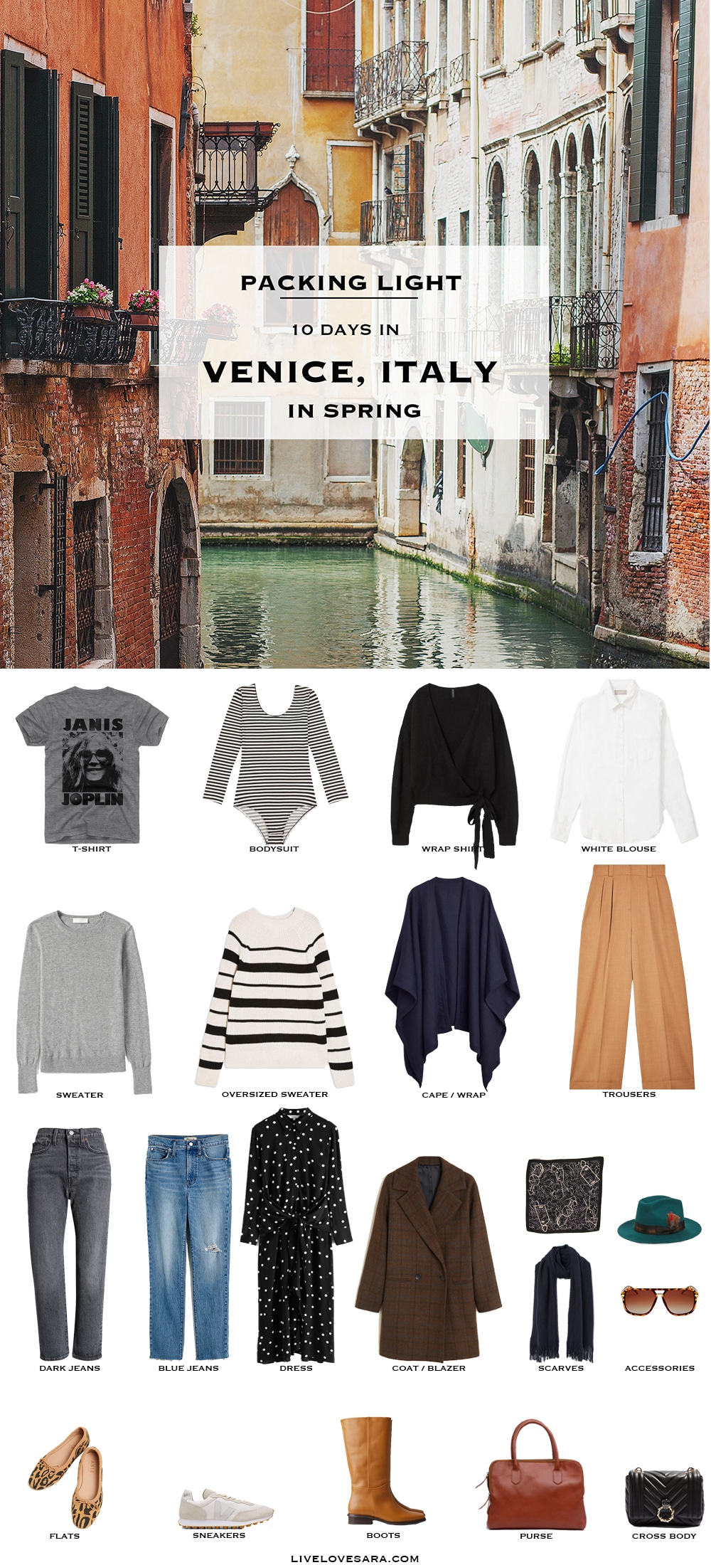 What to pack for Venice packing list | Venice Outfit Ideas | What to Wear in Venice | Italy Packing list | Spring Packing List | Italy Outfit Ideas | What to Wear in the Italy | Packing Light | Capsule Wardrobe | travel wardrobe | Fall packing list | travel capsule | livelovesara