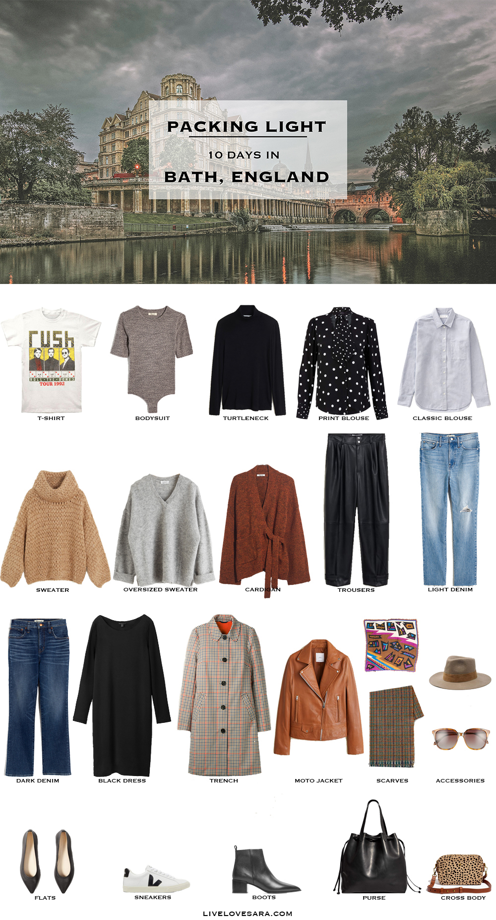 What to pack for Bath, England packing list | Bath Outfit Ideas | What to Wear in Bath | England Packing list | Spring Packing List | England Outfit Ideas | What to Wear in the England | Packing Light | Capsule Wardrobe | travel wardrobe | Fall packing list | travel capsule | livelovesara