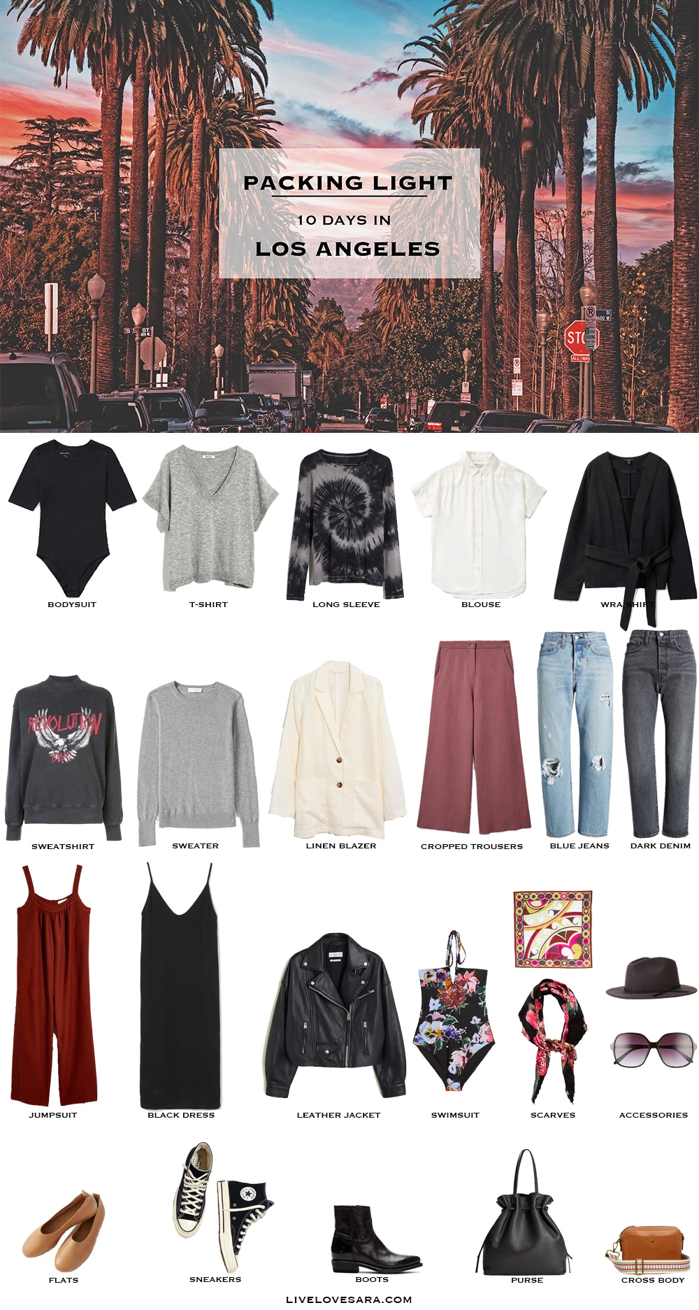 What to pack for Los Angeles packing list | Los Angeles Outfit Ideas | What to Wear in Los Angeles | California Packing list | Spring Packing List | California Outfit Ideas | What to Wear in the California | Packing Light | Capsule Wardrobe | travel wardrobe | Fall packing list | travel capsule | livelovesara