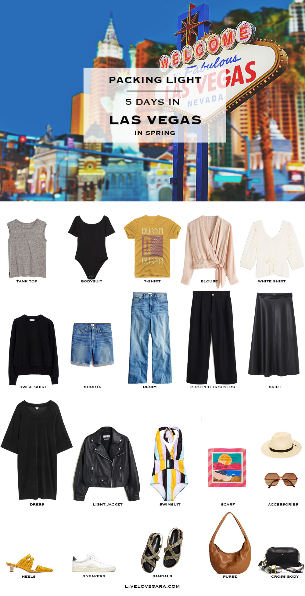 What to pack for Las Vegas packing list | Las Vegas Outfit Ideas | What to Wear in Las Vegas | Nevada Packing list | Spring Packing List | Nevada Outfit Ideas | What to Wear in Nevada | Packing Light | Capsule Wardrobe | travel wardrobe | Summer packing list | travel capsule | livelovesara