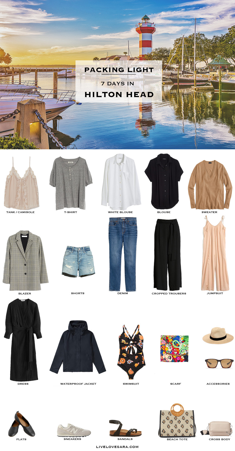What to pack for Hilton Head packing list | Hilton Head Outfit Ideas | What to Wear in Hilton Head | South Carolina Packing list | Spring Packing List | South Carolina Outfit Ideas | What to Wear in the South Carolina | Packing Light | Capsule Wardrobe | travel wardrobe | Summer packing list | travel capsule | livelovesara