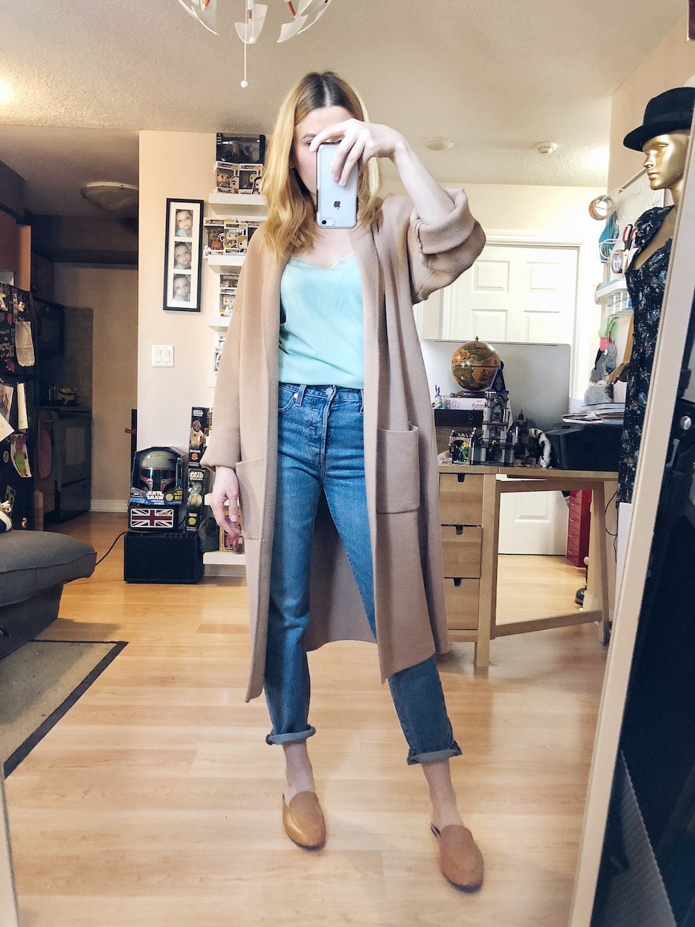 What I Wore this week | Long Coatigan | Camisole | Levis | Everlane Mules | livelovesara