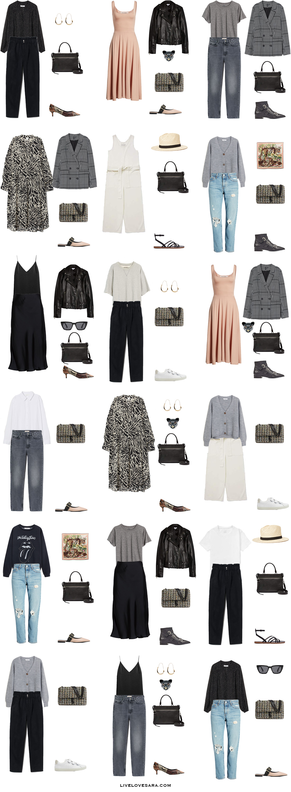 A white background with 18 outfits from the spring and summer edgy capsule wardrobe.