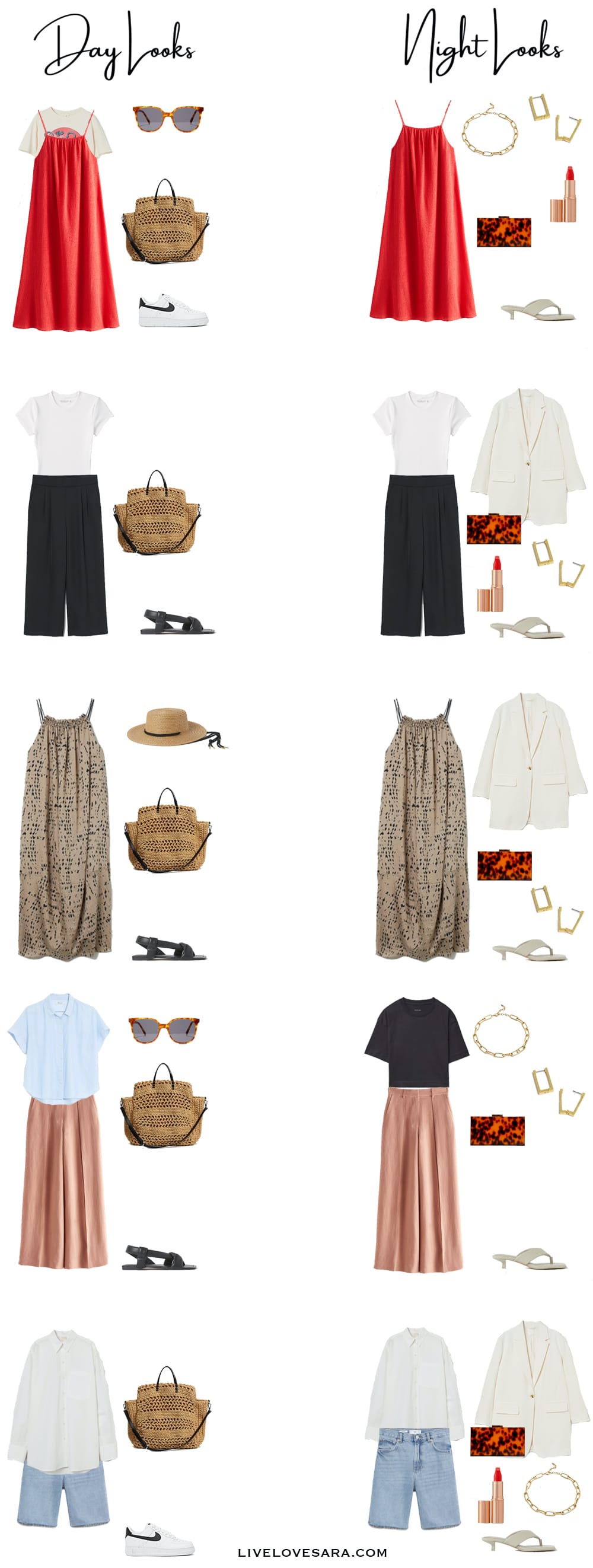 A white background with a picture of a sunset, and a layout of what pieces to pack for a 10 day vacation in the summer.