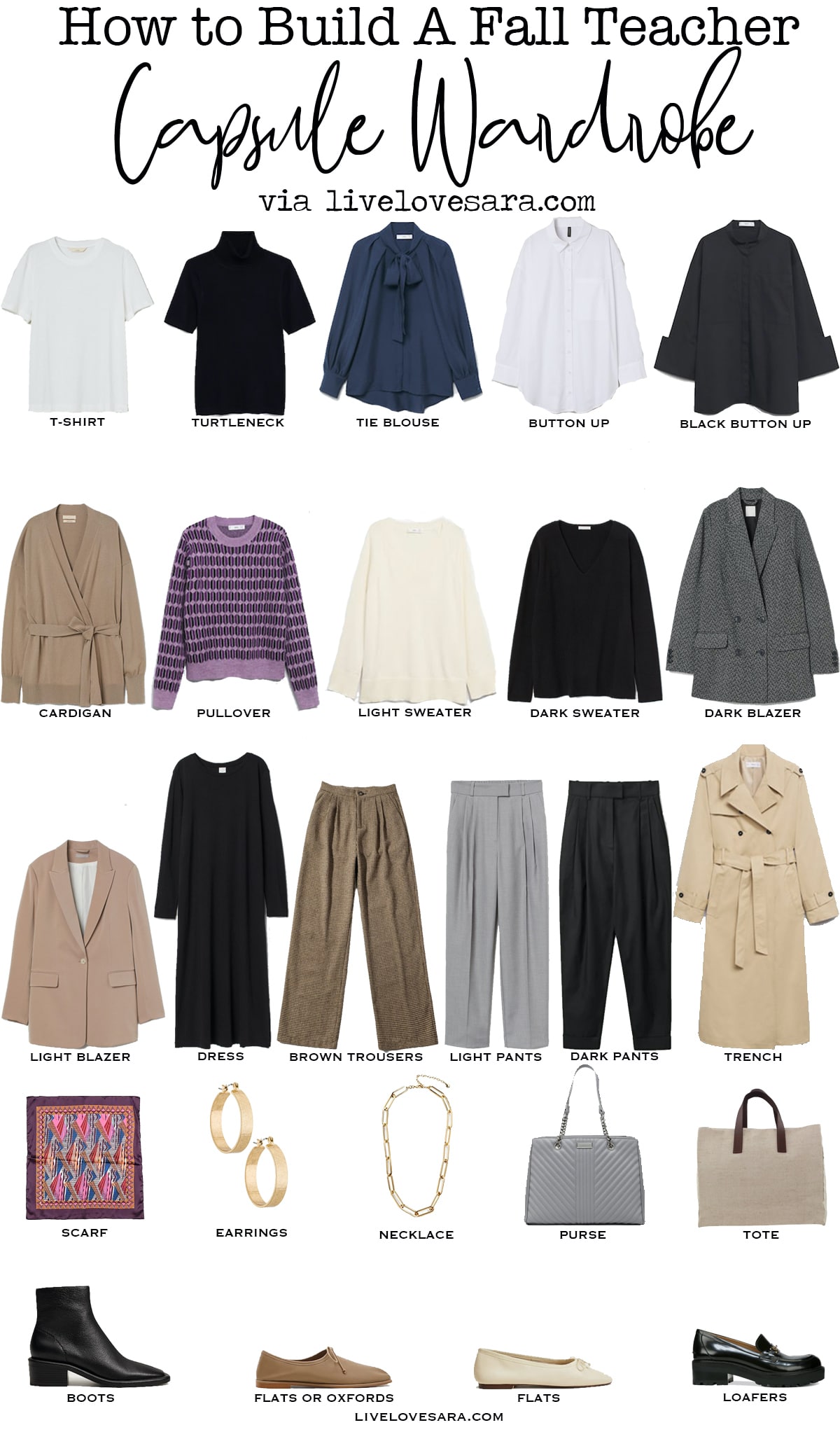 A white background with a teacher capsule wardrobe  for fall and winter..