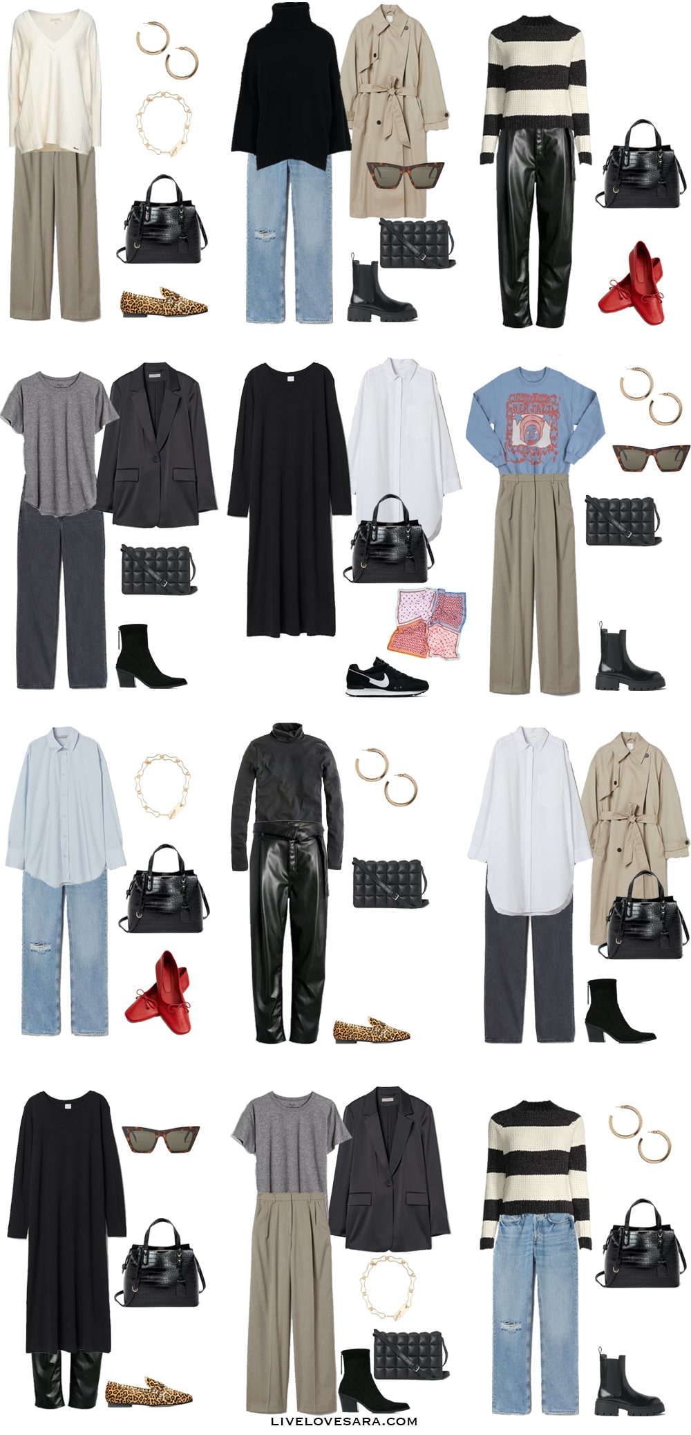 A white background with 12 outfit ideas made from the budget fall capsule wardrobe