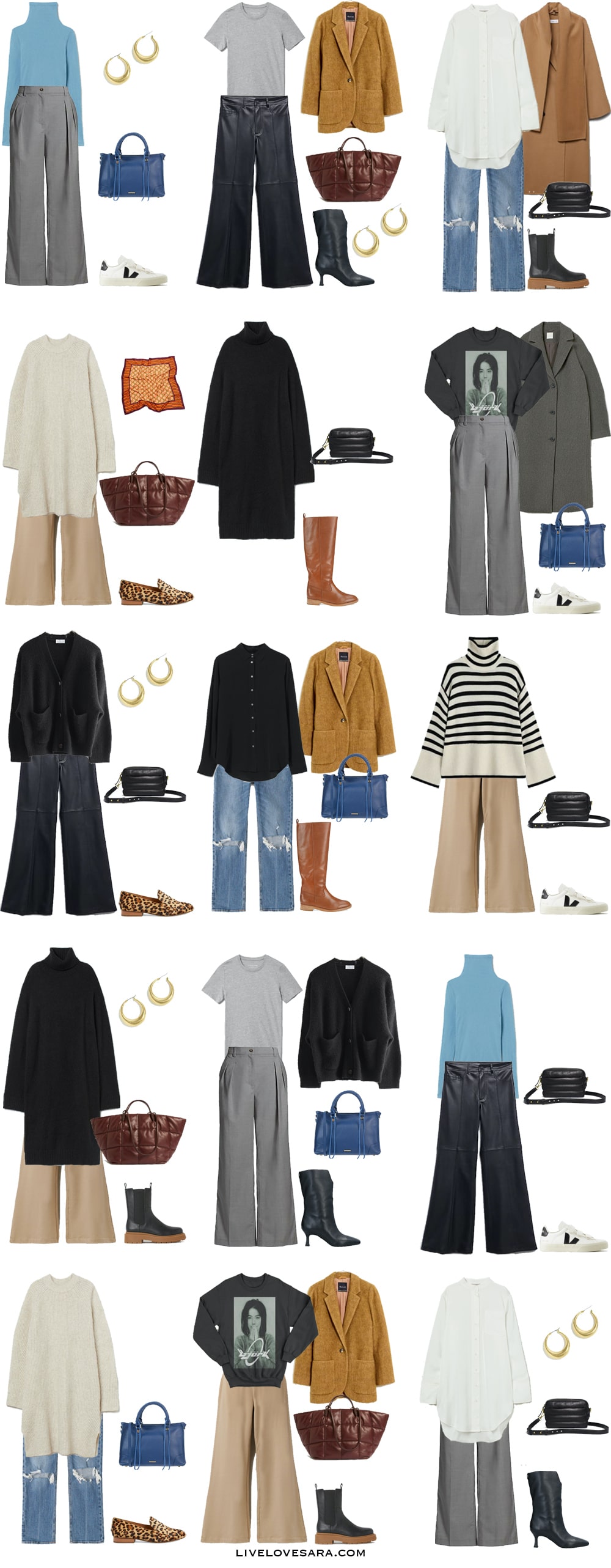 A white background with 15 outfit ideas made from the dramatic classic fall capsule wardrobe.