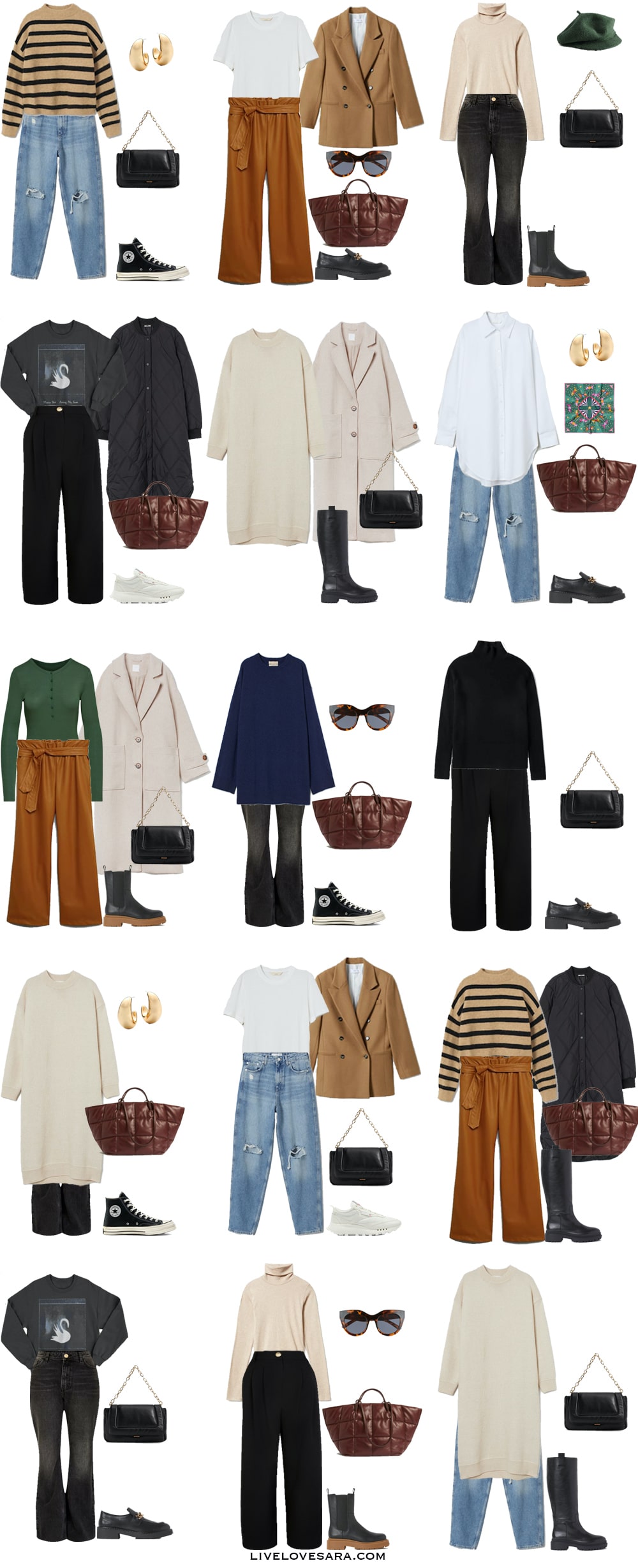 A white background with the pieces for a minimalist capsule wardrobe for fall laid out in 15 outfits.