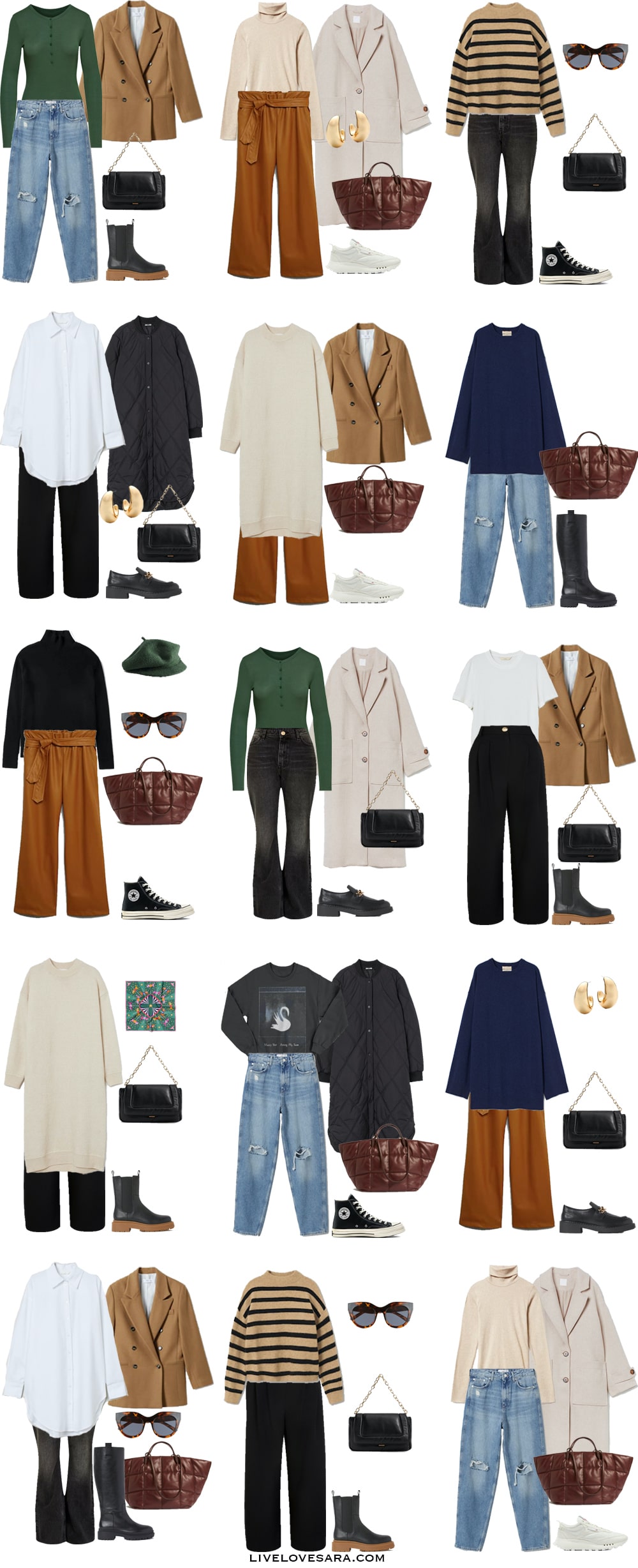 A white background with the pieces for a minimalist capsule wardrobe for fall laid out in 15 outfits.