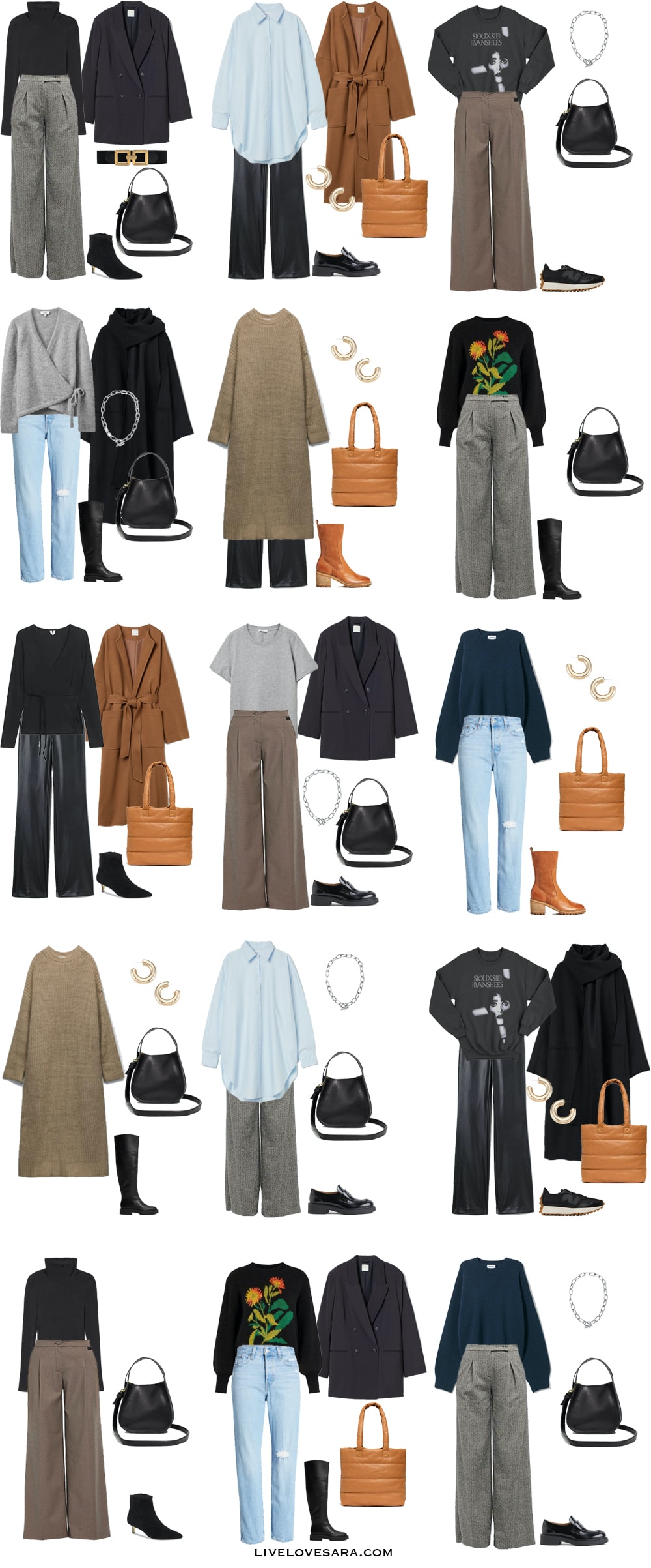 A white background with the pieces for how to dress a rectangle body shape capsule wardrobe laid out in 15 outfits.