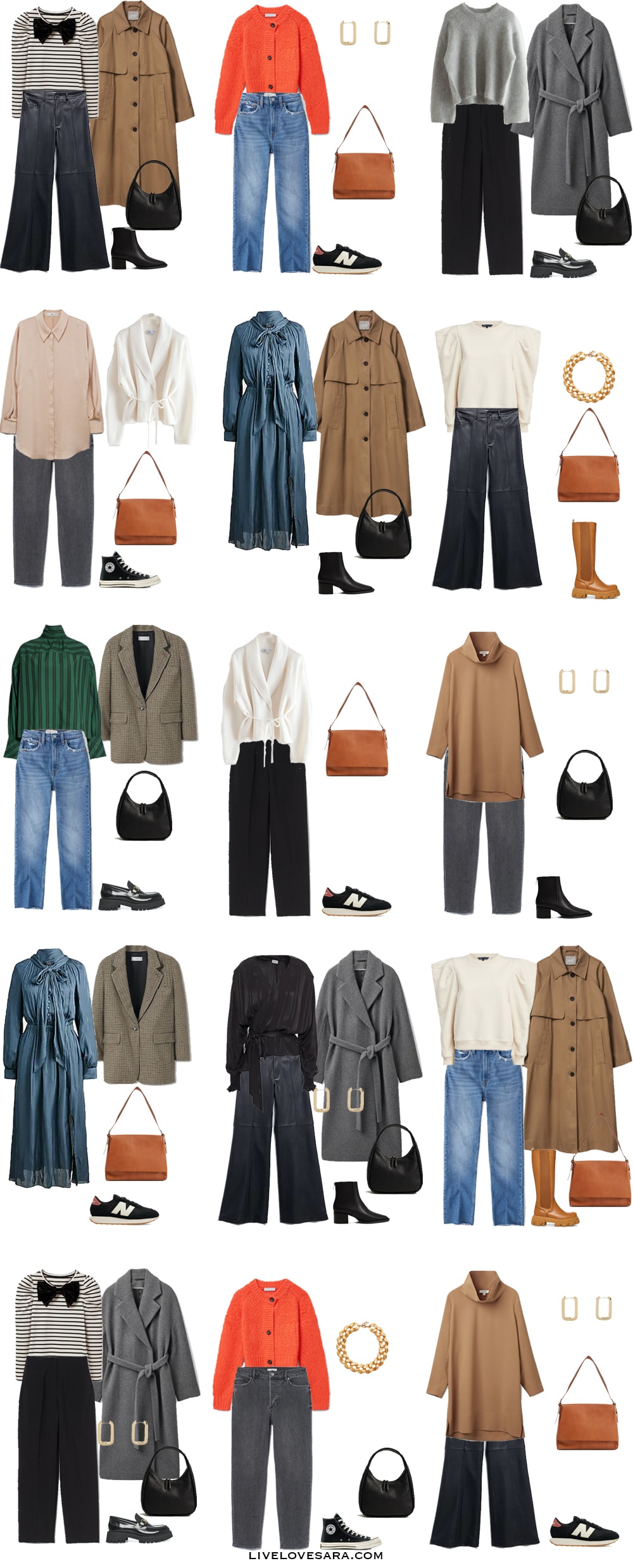 A white background with the pieces for how to dress a Triangle body shape capsule wardrobe laid out in 15 outfits.