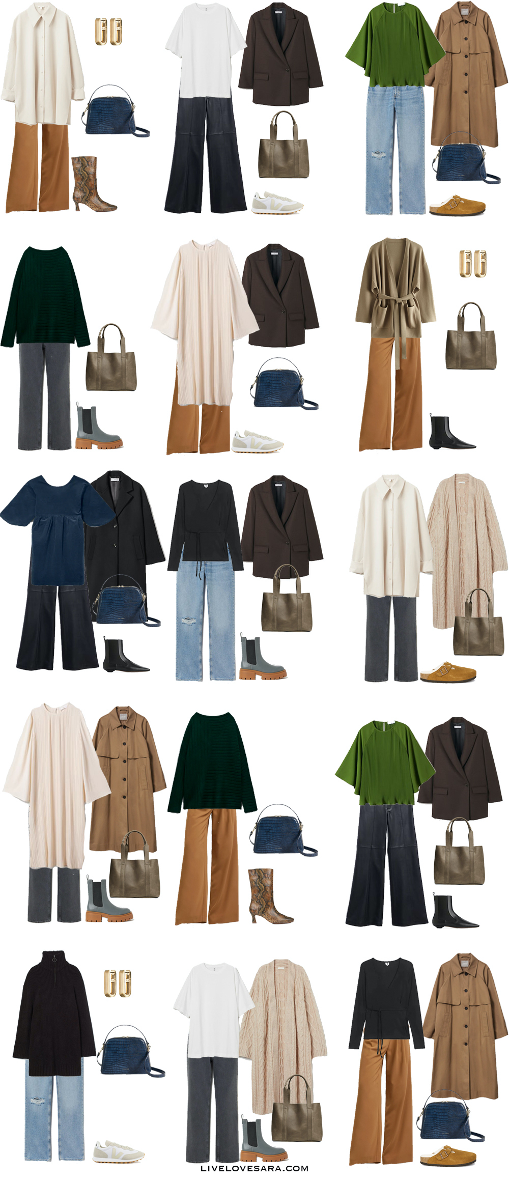 A white background with the pieces for how to dress an Apple body shape capsule wardrobe laid out in 15 outfits.