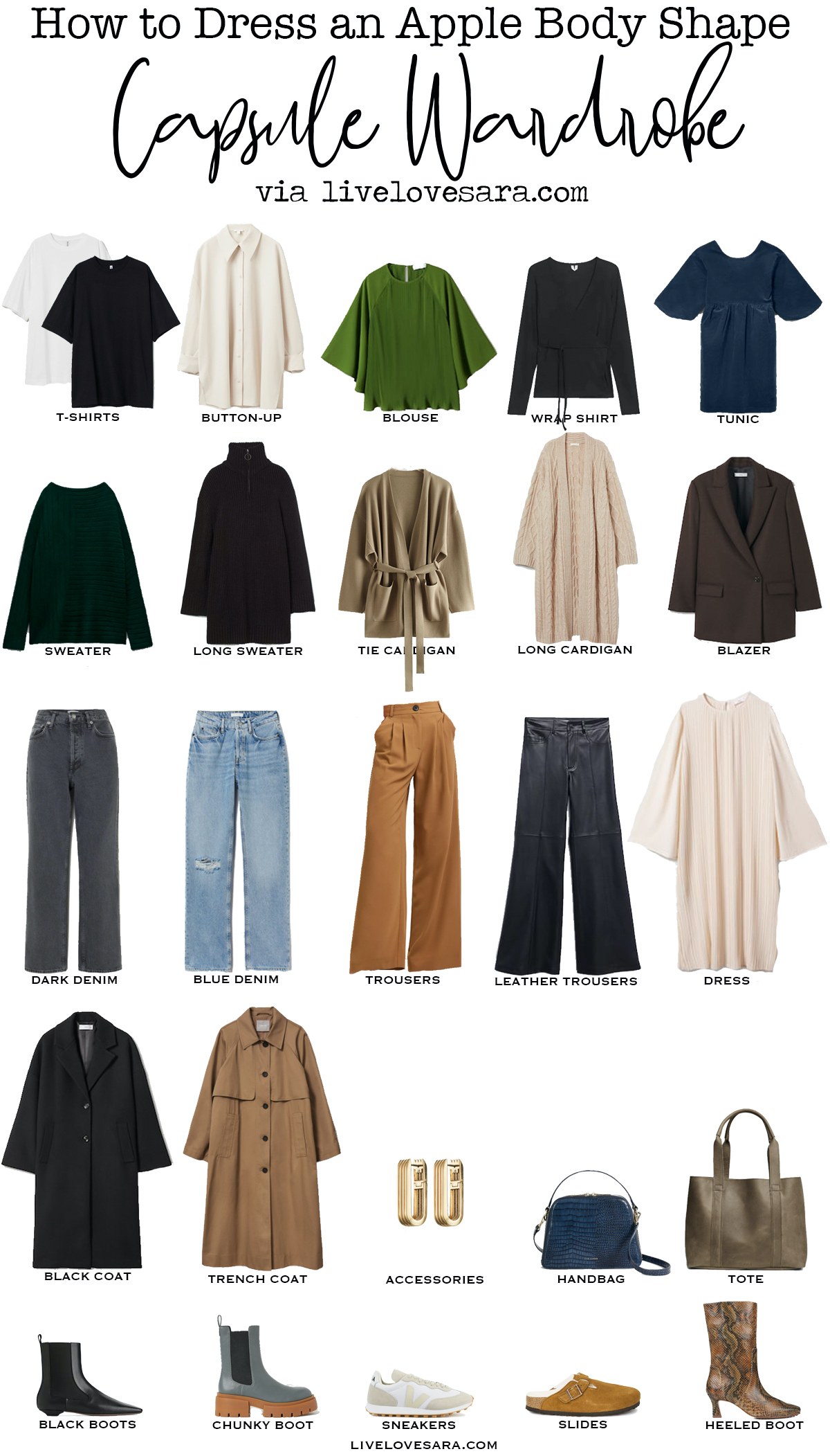 A white background with the pieces for how to dress an Apple body shape capsule wardrobe laid out in rows.