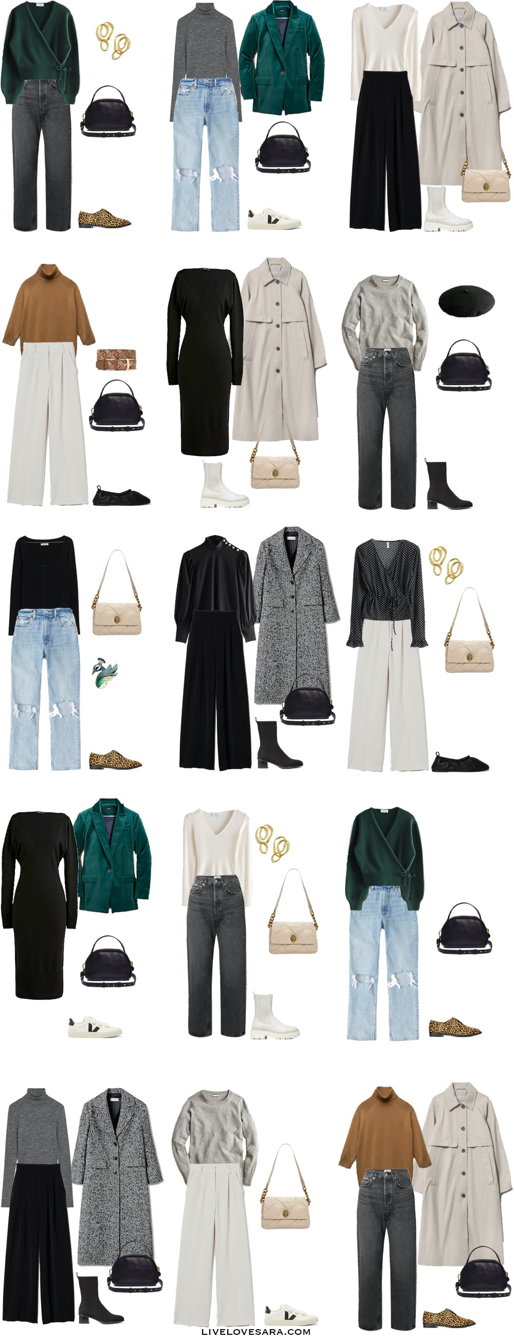 A white background with the pieces for how to dress an Hourglass body shape capsule wardrobe laid out in 15 outfits. These are Outfits 16-30.